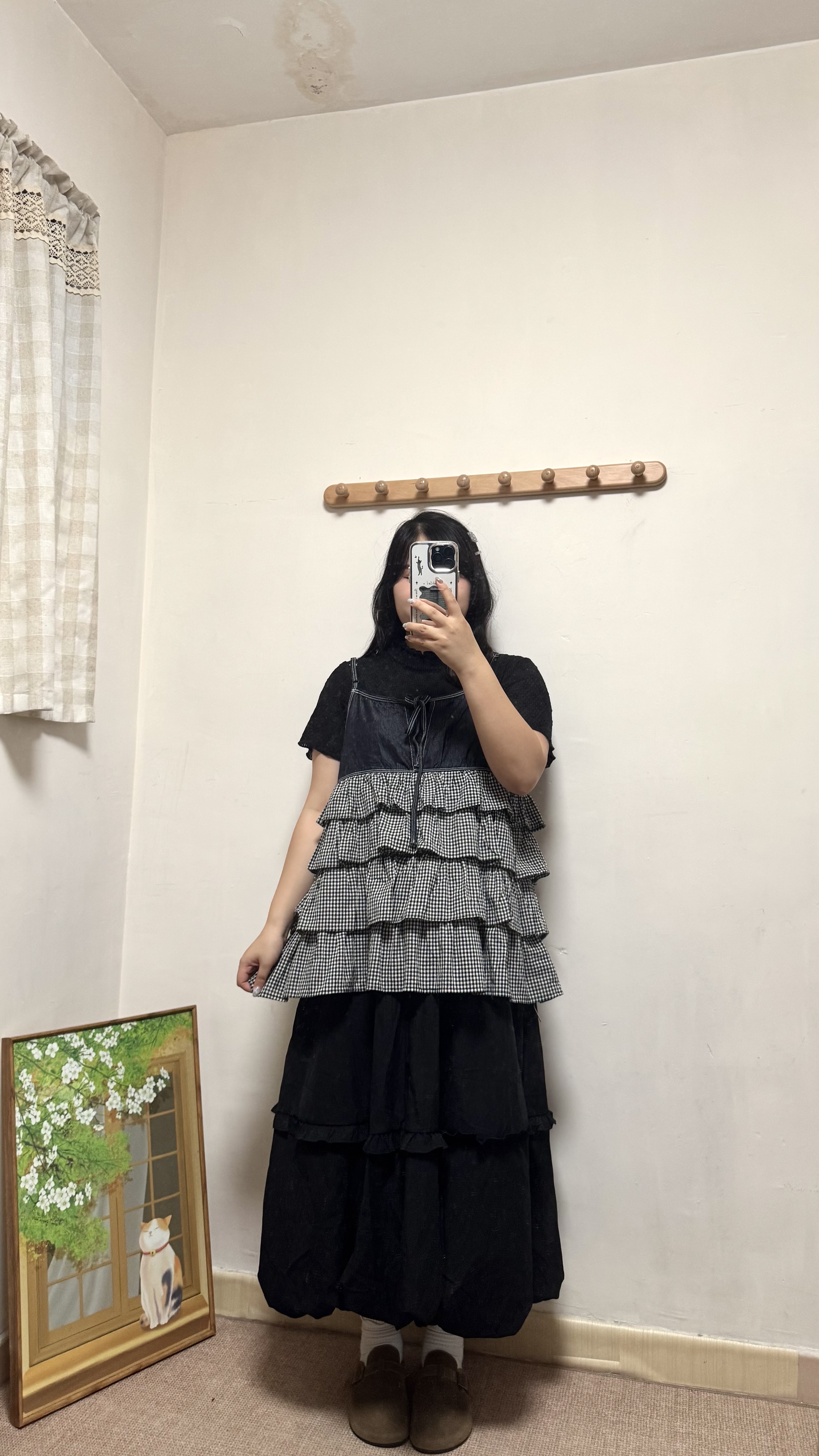 牛仔拼千層格紋吊帶