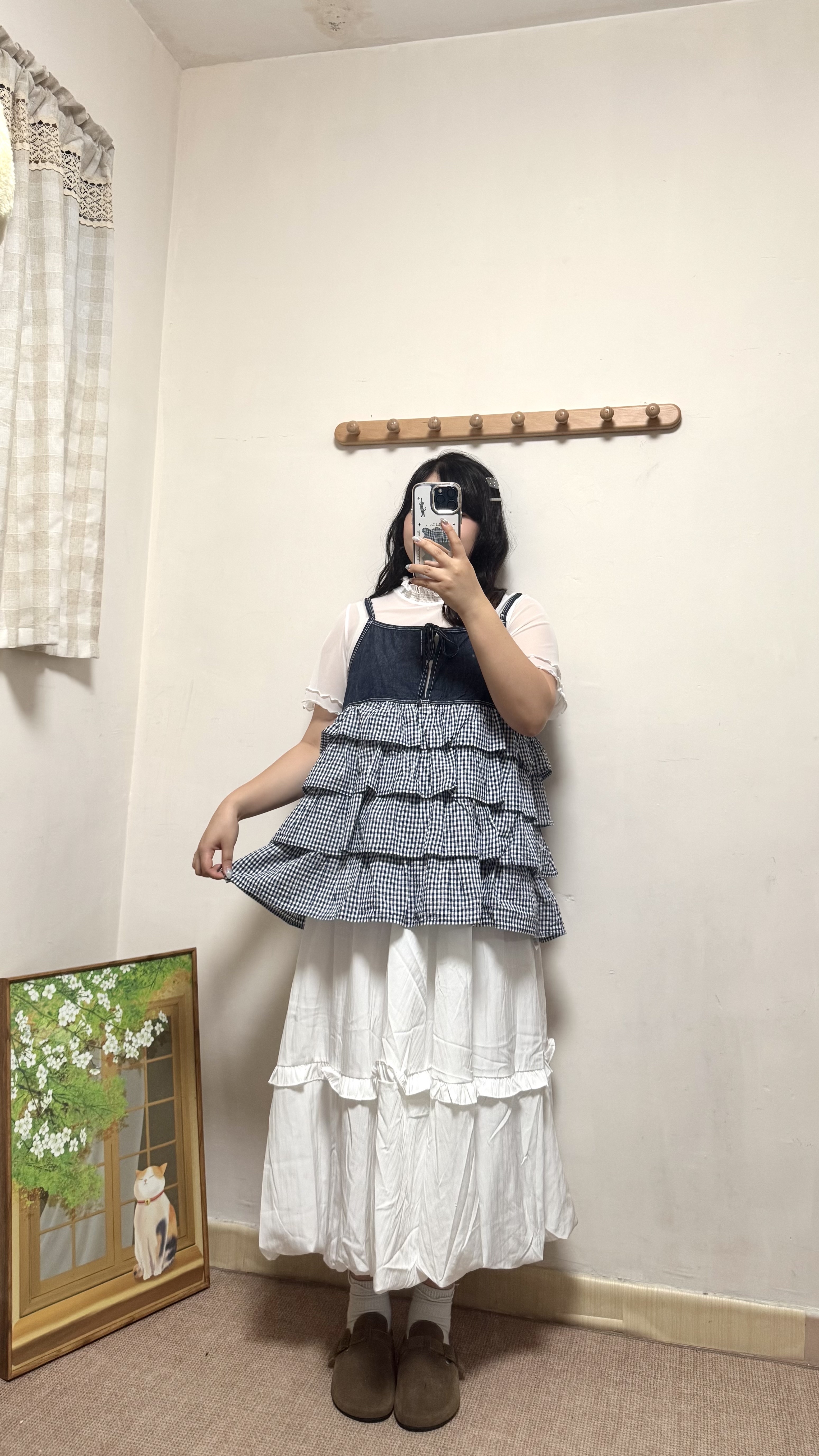 牛仔拼千層格紋吊帶