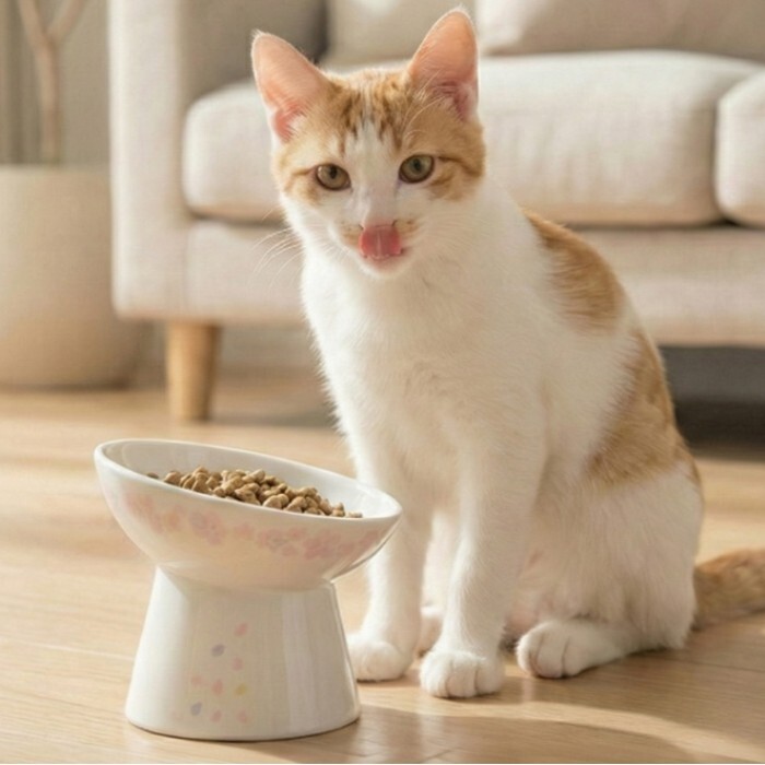 日本直送 貓壹Necoichi 貓貓高腳瓷食碗 斜淺口M號 - 櫻花特別版(2026年)