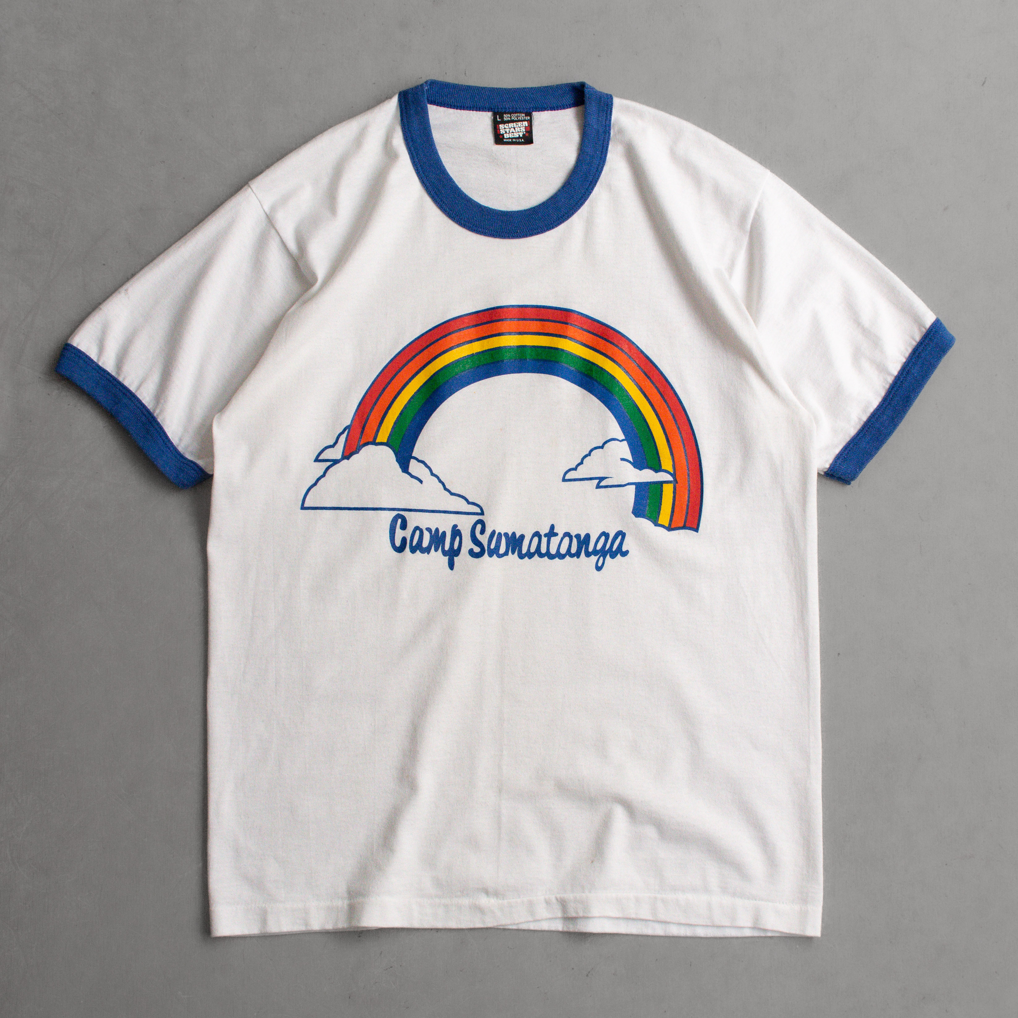 80-90S SCREEN STARS RINGER TEE 美國製 白色 彩虹 圖案 滾邊 短袖 T恤