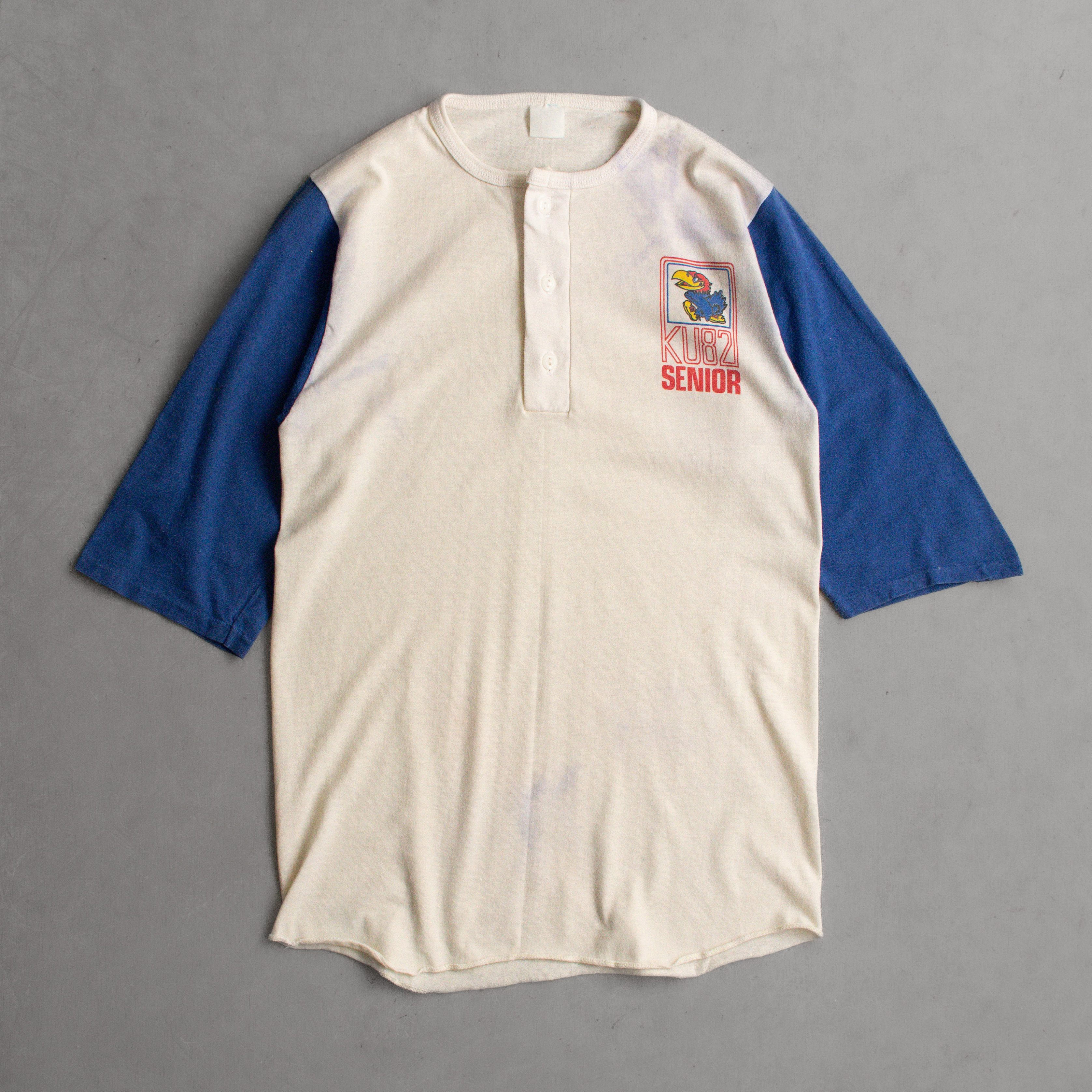 80-90S BASEBALL HENLEY TEE 美國 白藍 堪薩斯大學 七分袖 亨利領 T恤