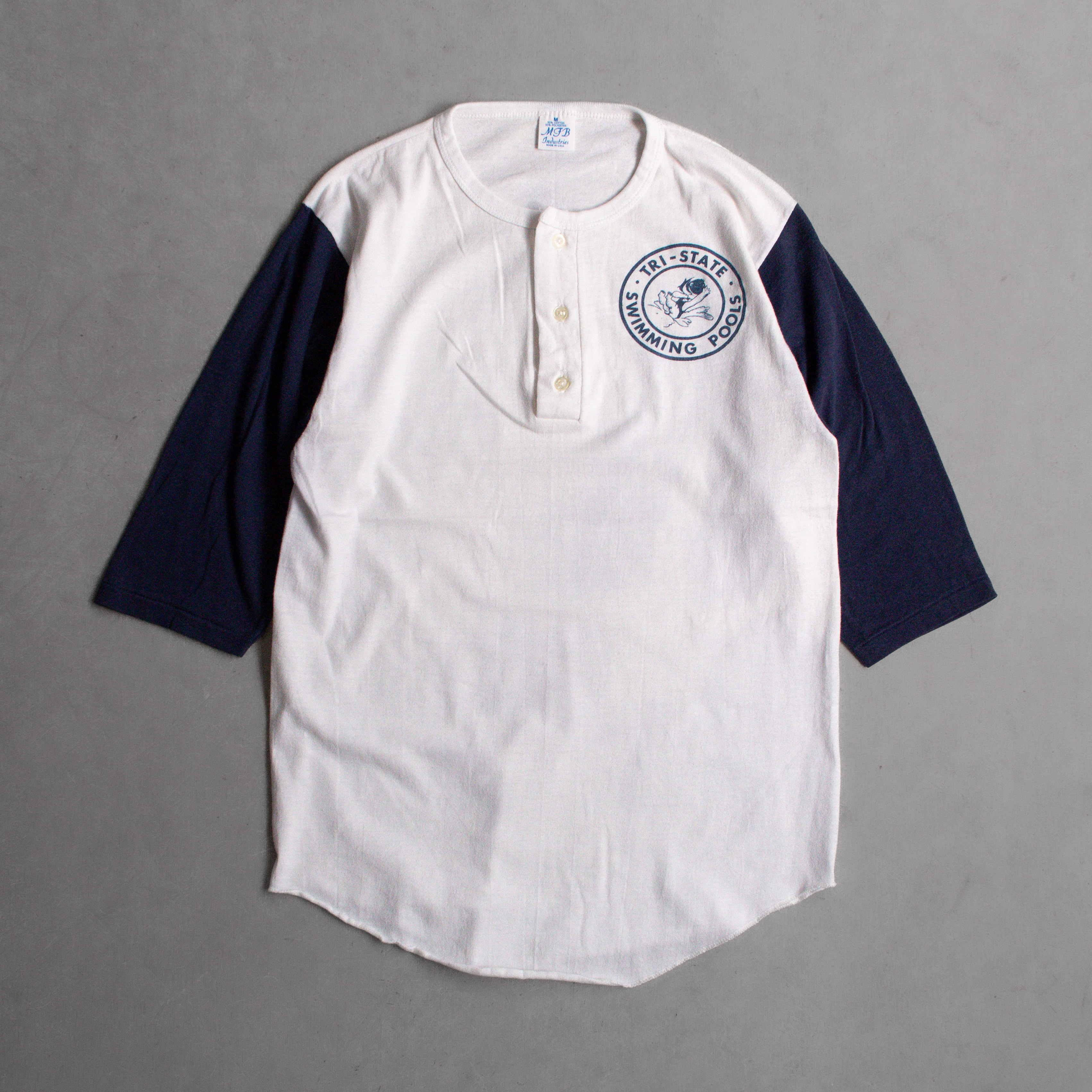 80-90S BASEBALL HENLEY TEE 美國 白深藍 游泳池 七分袖 亨利領 T恤