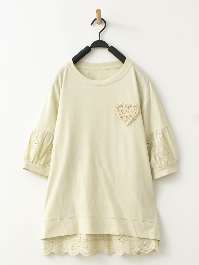 愛心珍珠蕾絲蓬蓬袖上衣