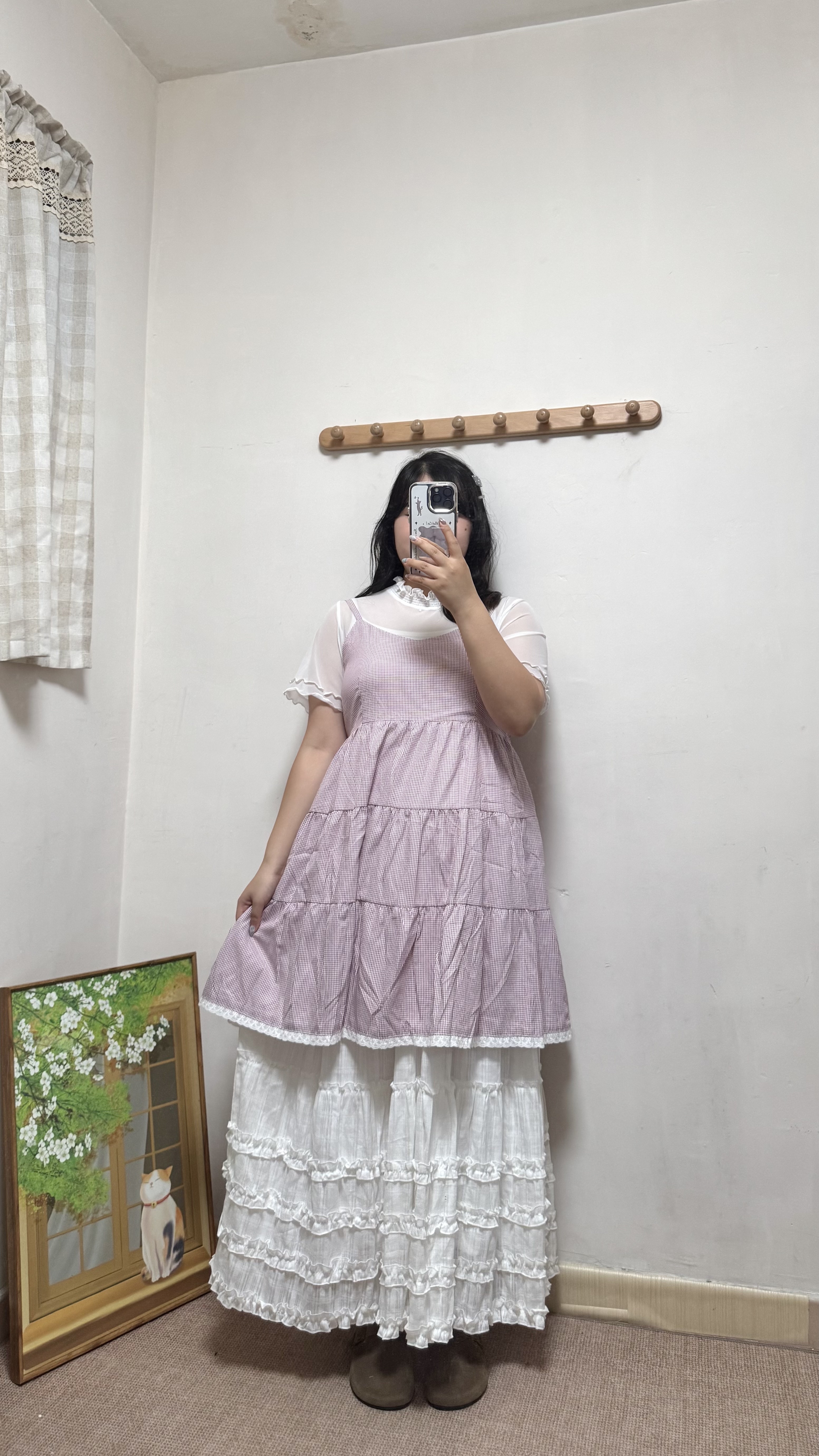 蝴蝶結花邊格紋吊帶