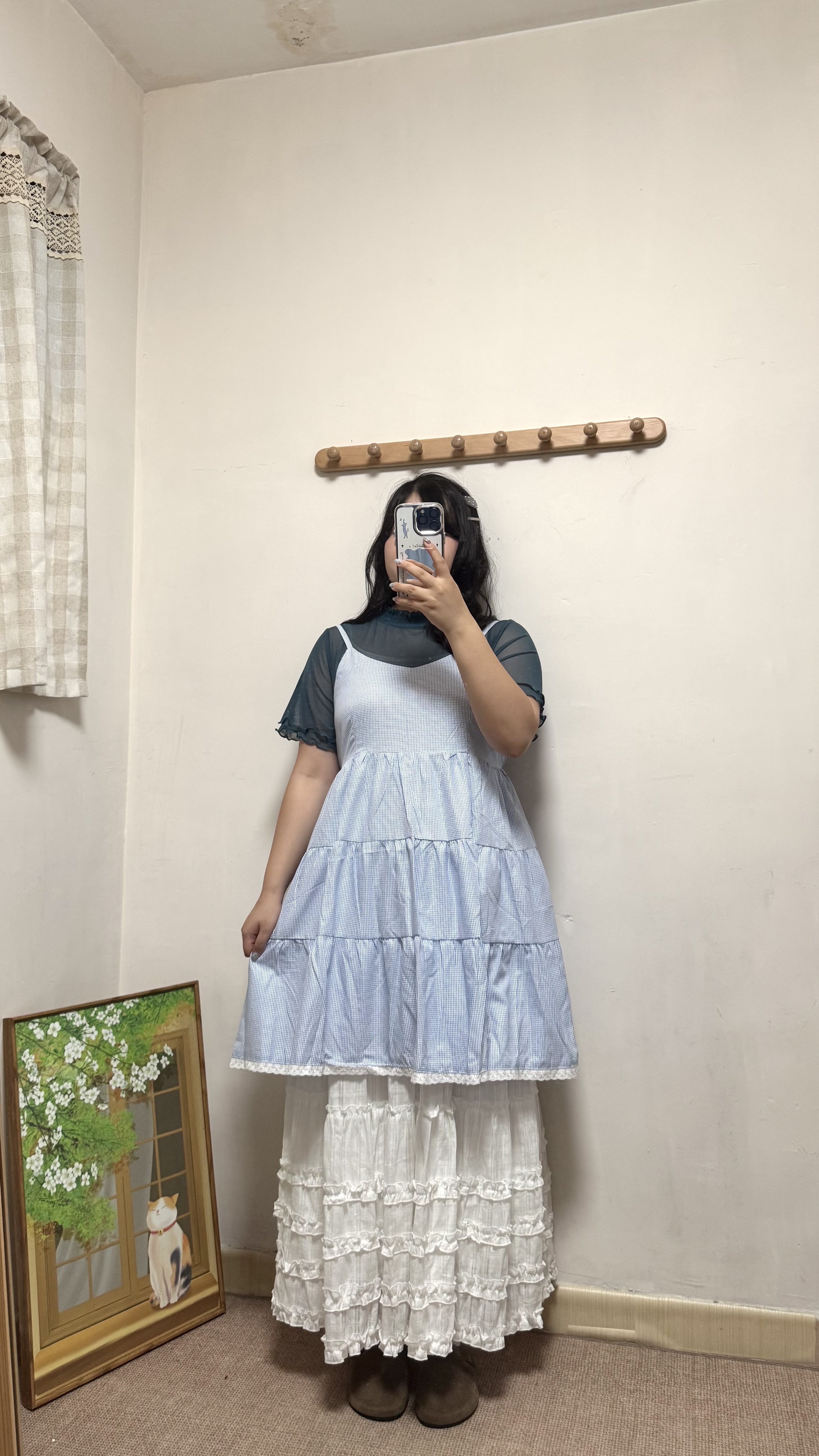 蝴蝶結花邊格紋吊帶