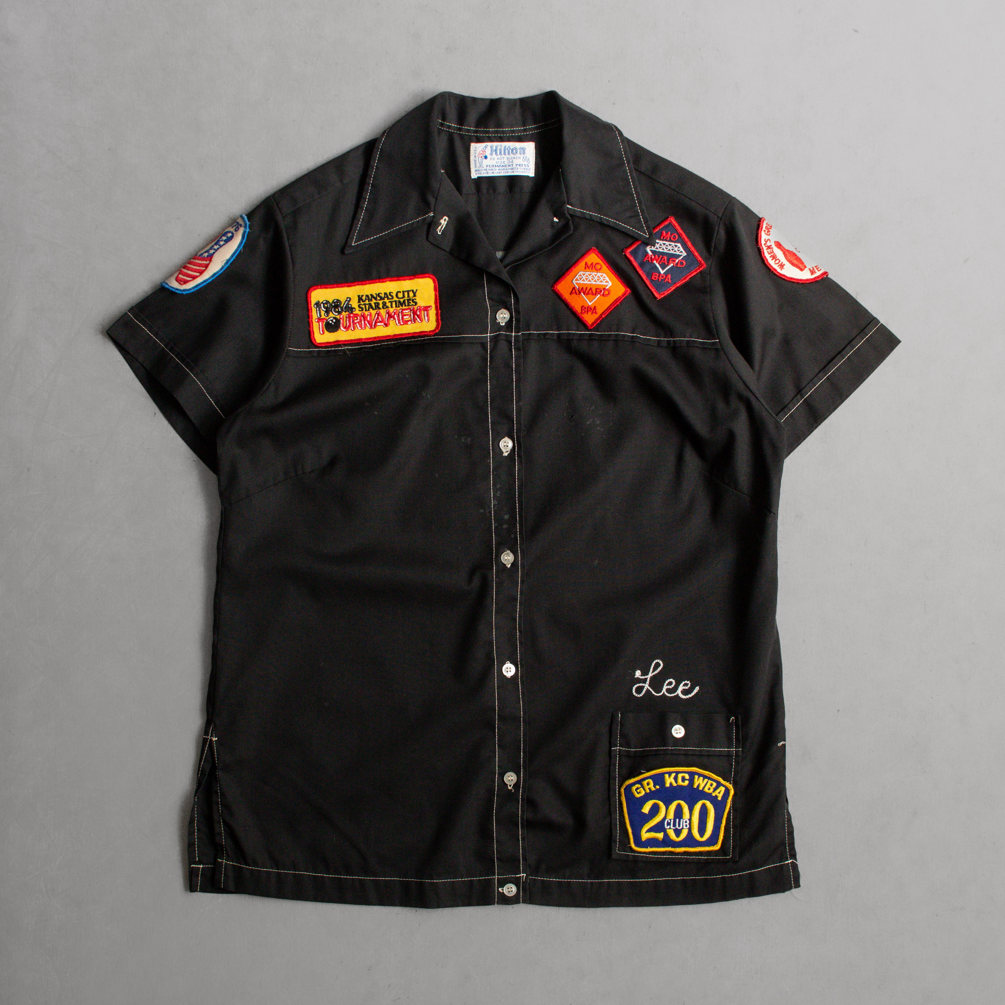70S HILTON BOWLING SHIRT 美國製 黑色 布章 短袖 保齡球 襯衫