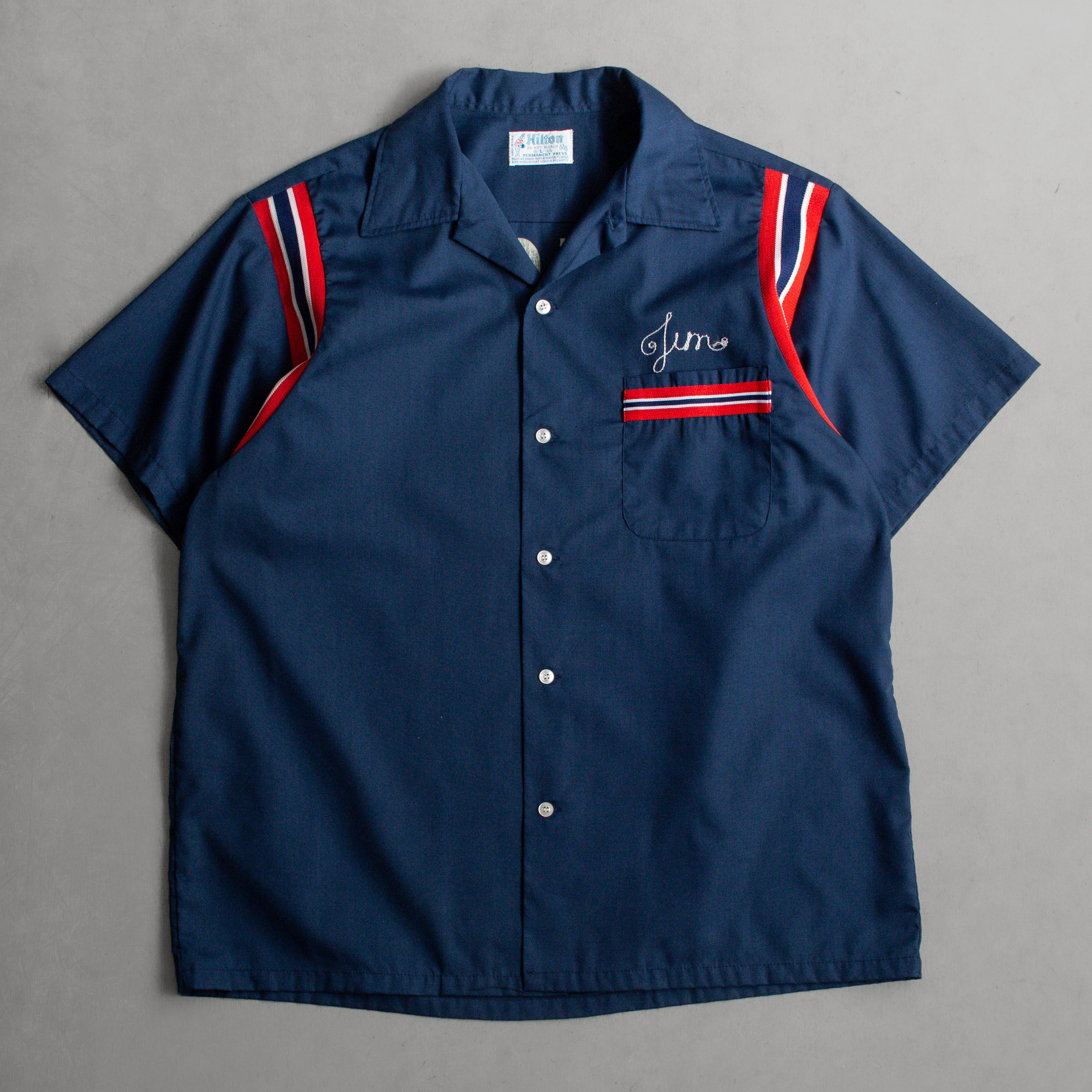 70S HILTON BOWLING SHIRT 美國製 深藍色 植絨 短袖 保齡球 襯衫