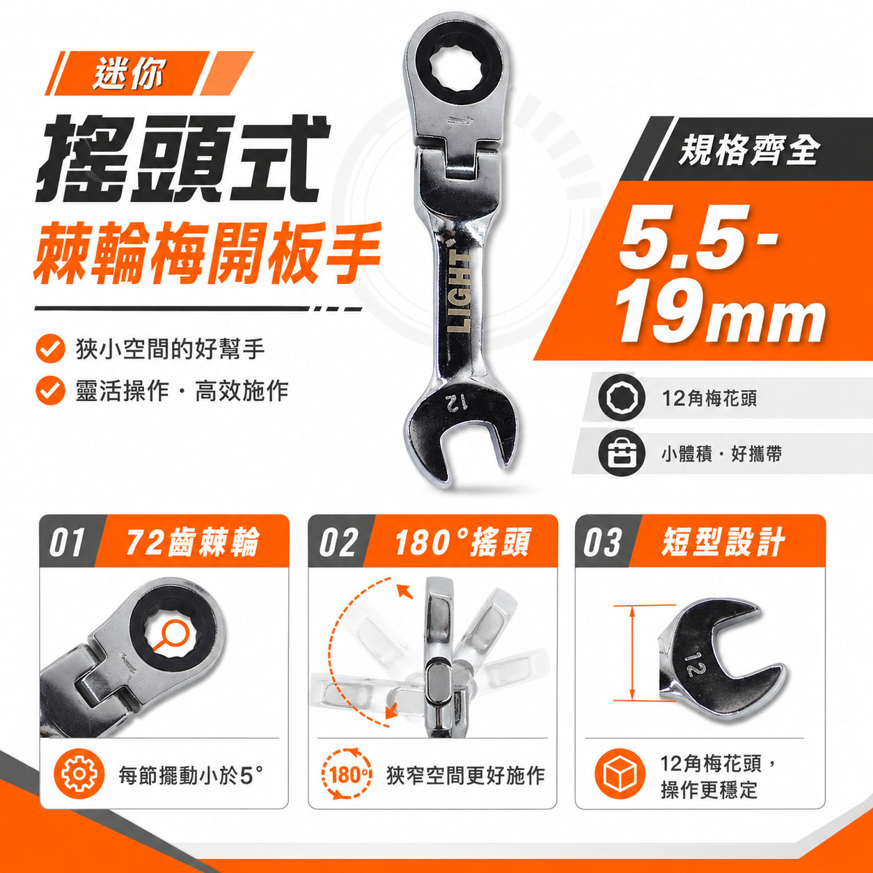LIGHT YTL 福神 亞博 巨匠 久美力 台灣製｜迷你擺頭型 5.5-21mm 單向搖頭式 迷你高扭力梅開板手 短版72齒棘輪梅花開口板手