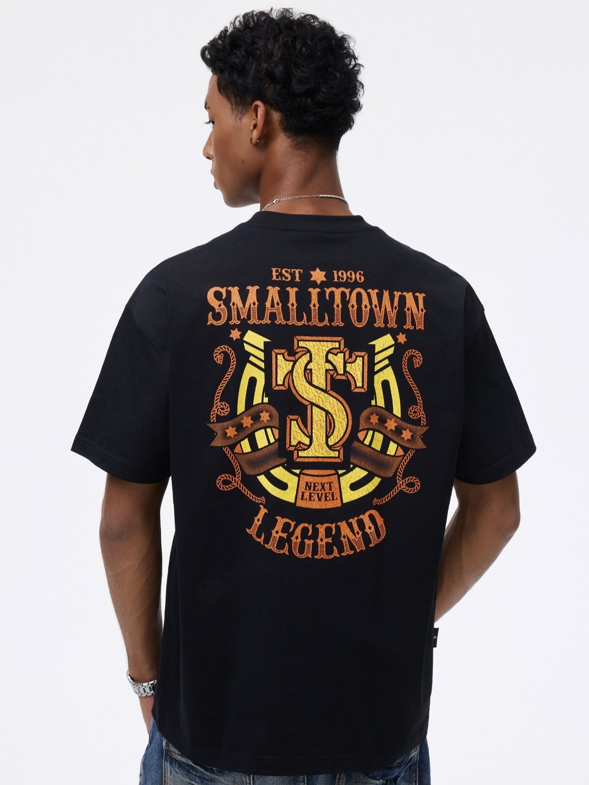 STK SmallTownKid Short-Sleeve T-Shirt with Printed Logo on Both Sides and Cracked Horseshoe Design