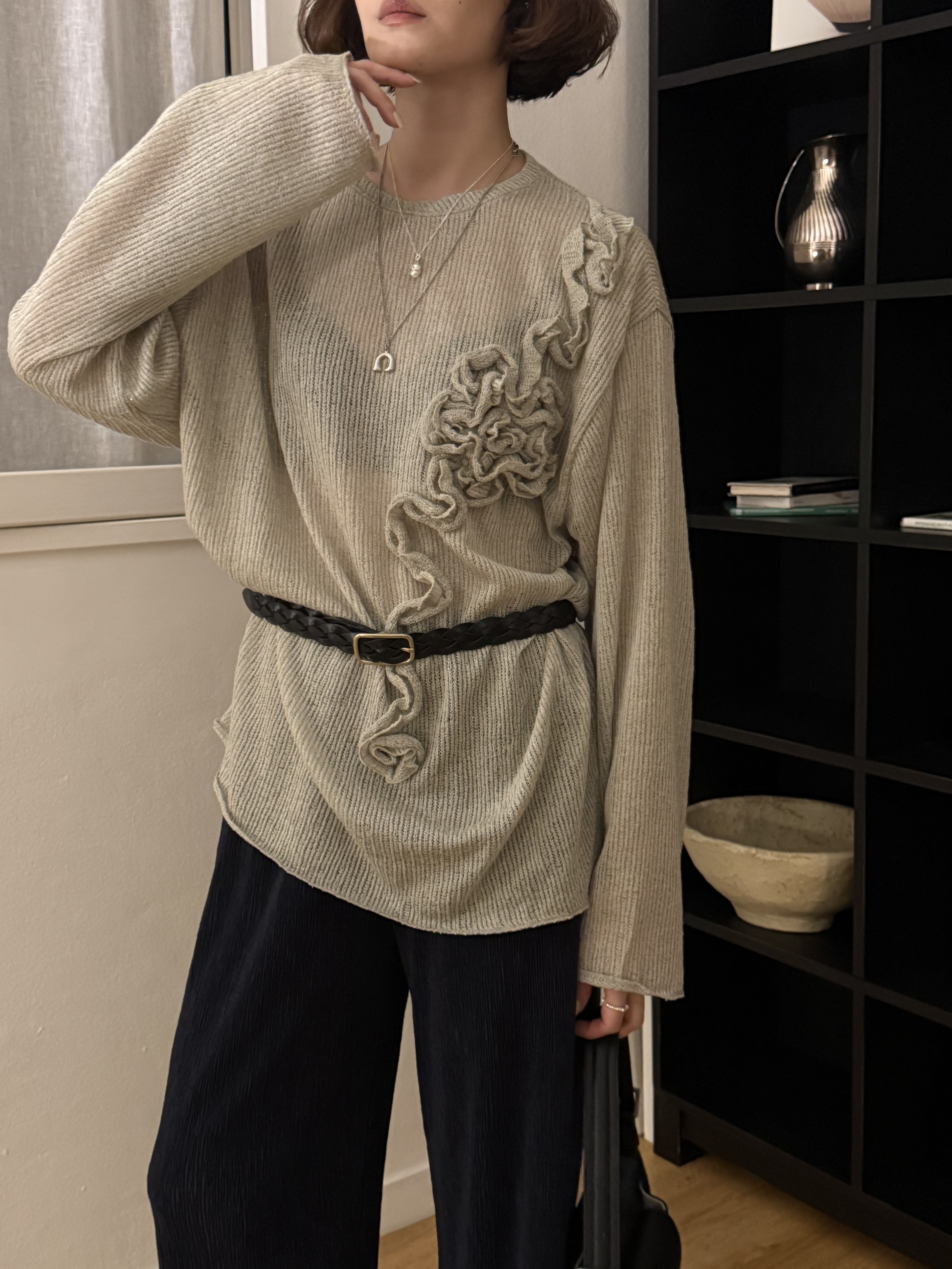 高級禮服家的質感花朵針織衫/3色均碼/綠
