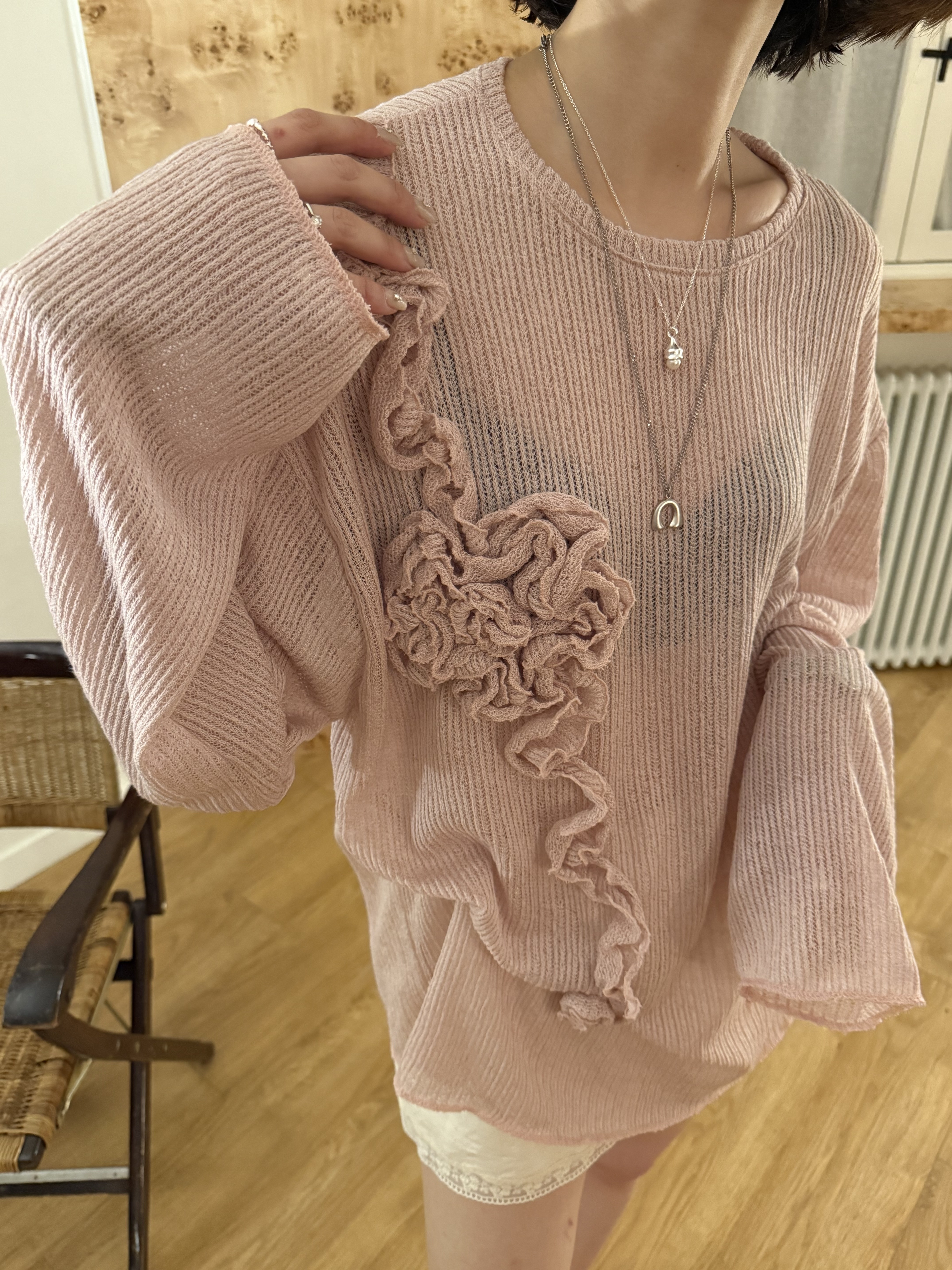 高級禮服家的質感花朵針織衫/3色均碼/粉
