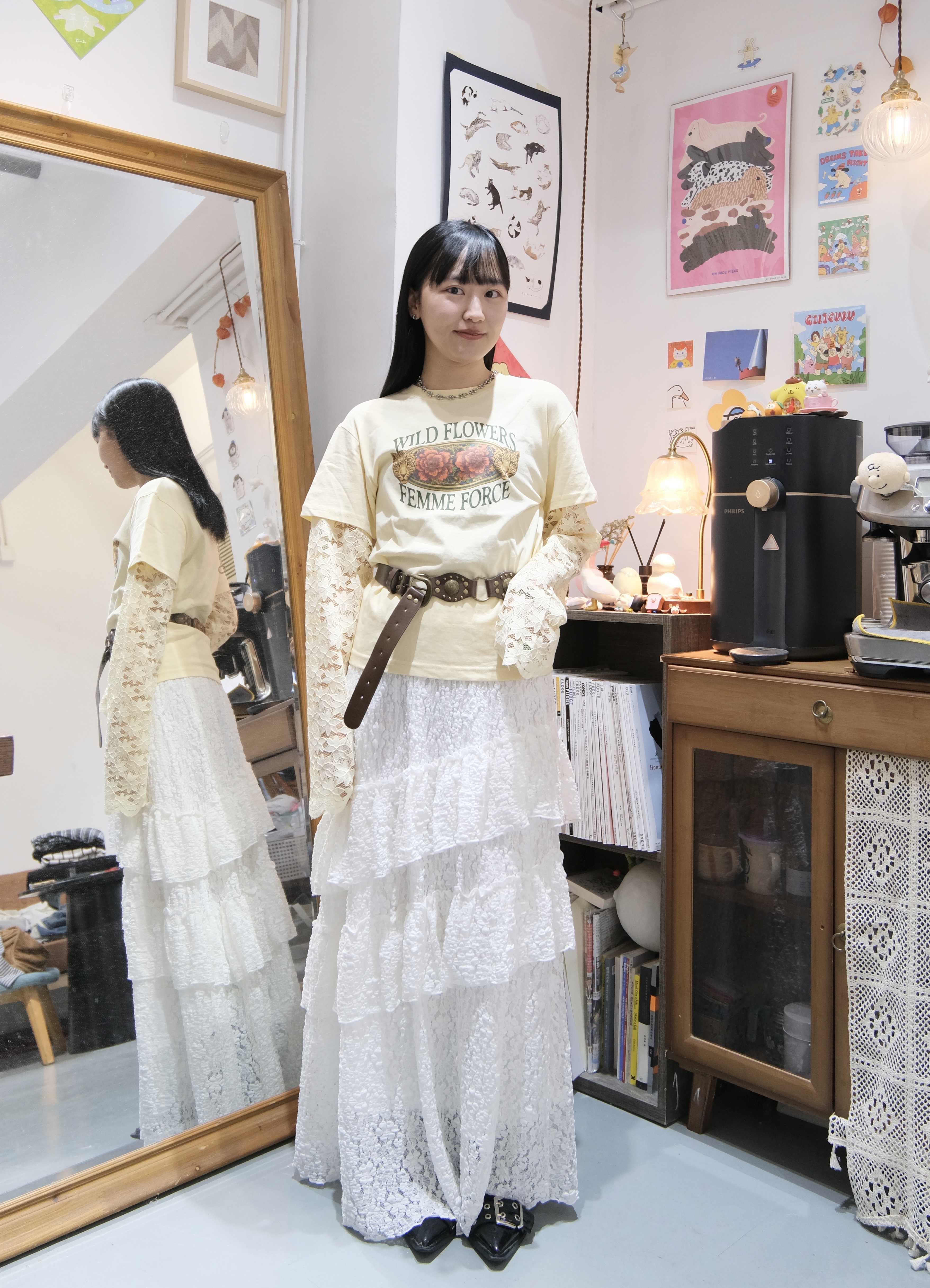 玫瑰花lace手袖tee( Yellow/ White)