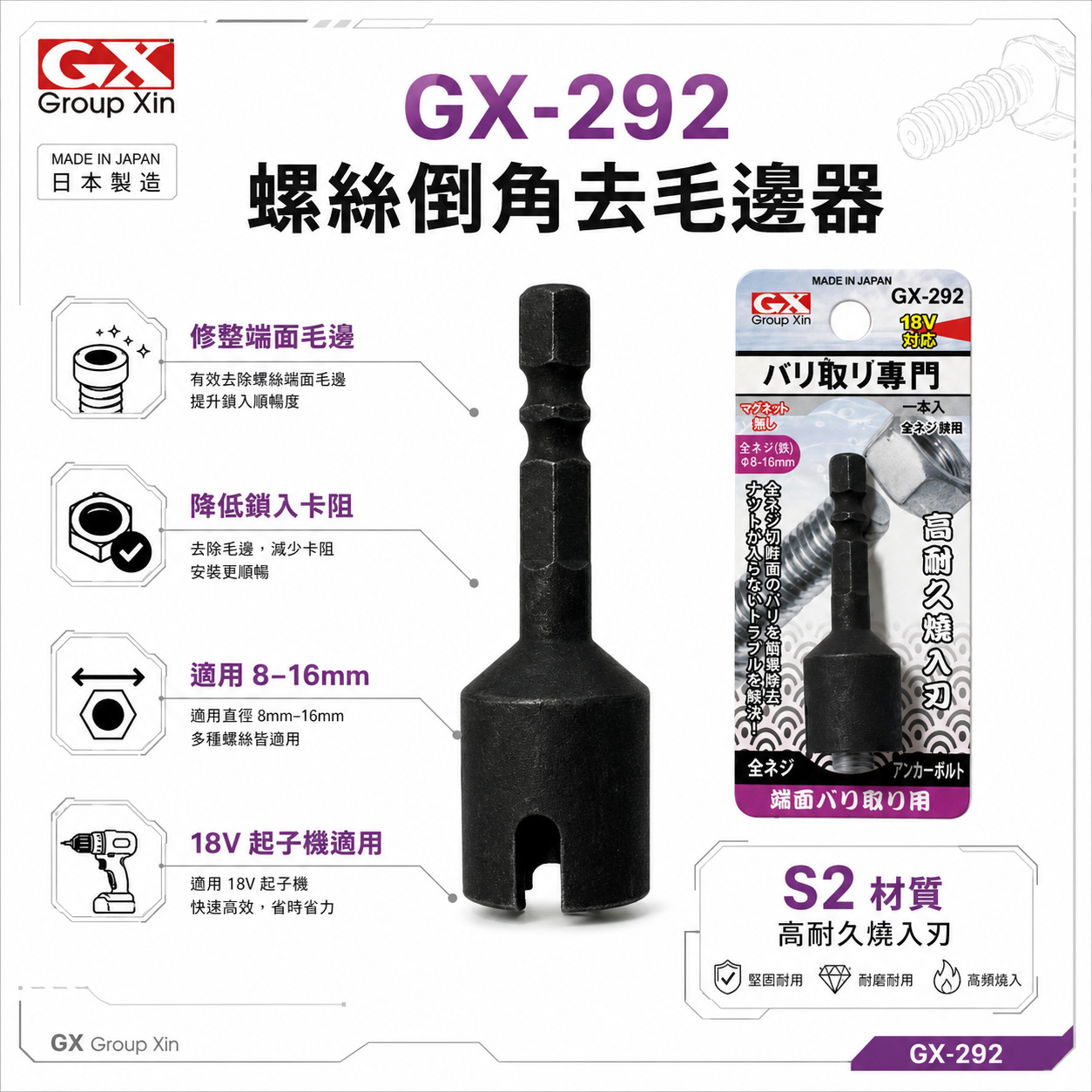 亞博 紅斧頭 GX｜直徑 8-16mm 六角軸倒角器 6.35mm六角柄螺絲倒角器 牙條倒角器 管材棒材去毛邊利器｜經濟型