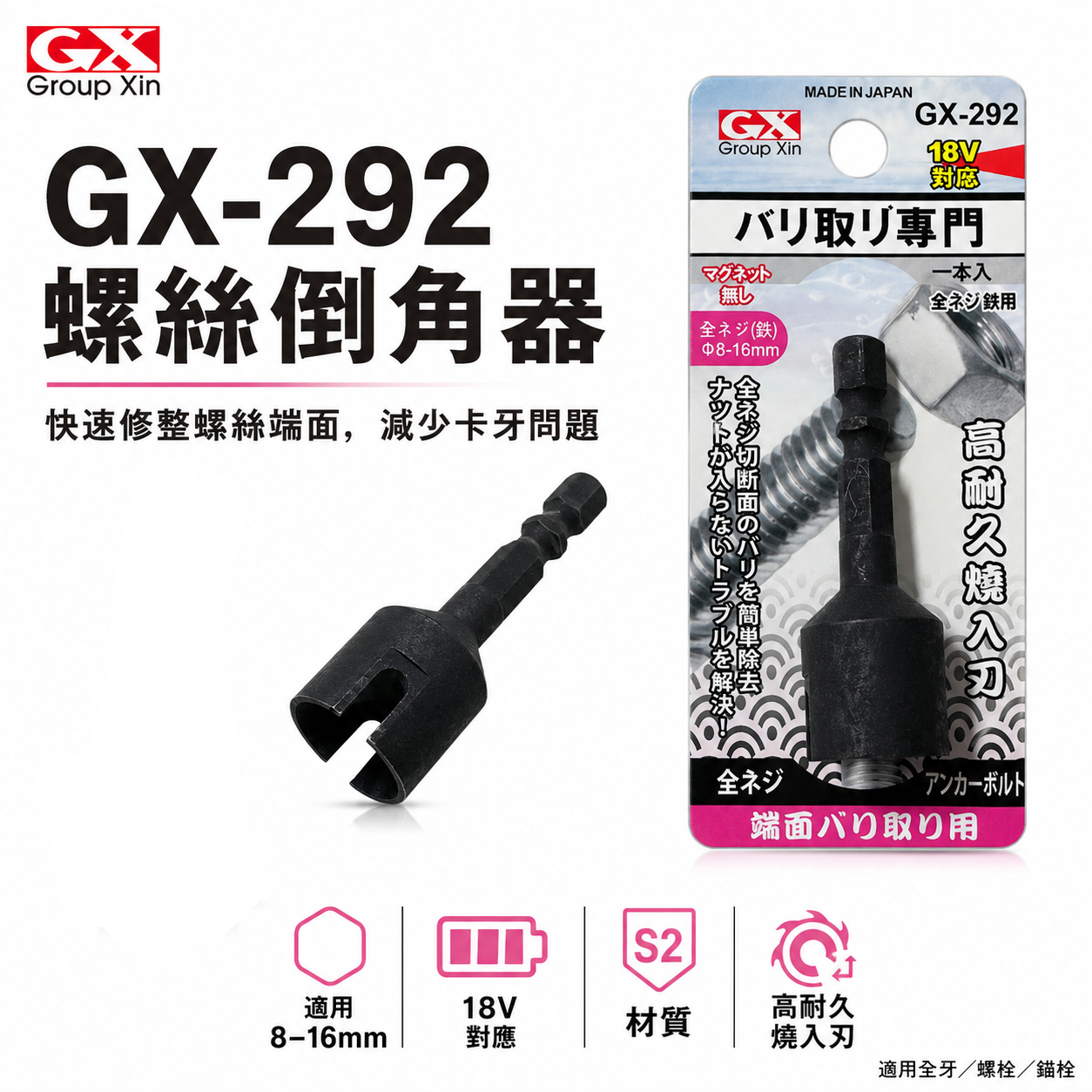 亞博 紅斧頭 GX｜直徑 8-16mm 六角軸倒角器 6.35mm六角柄螺絲倒角器 牙條倒角器 管材棒材去毛邊利器｜經濟型