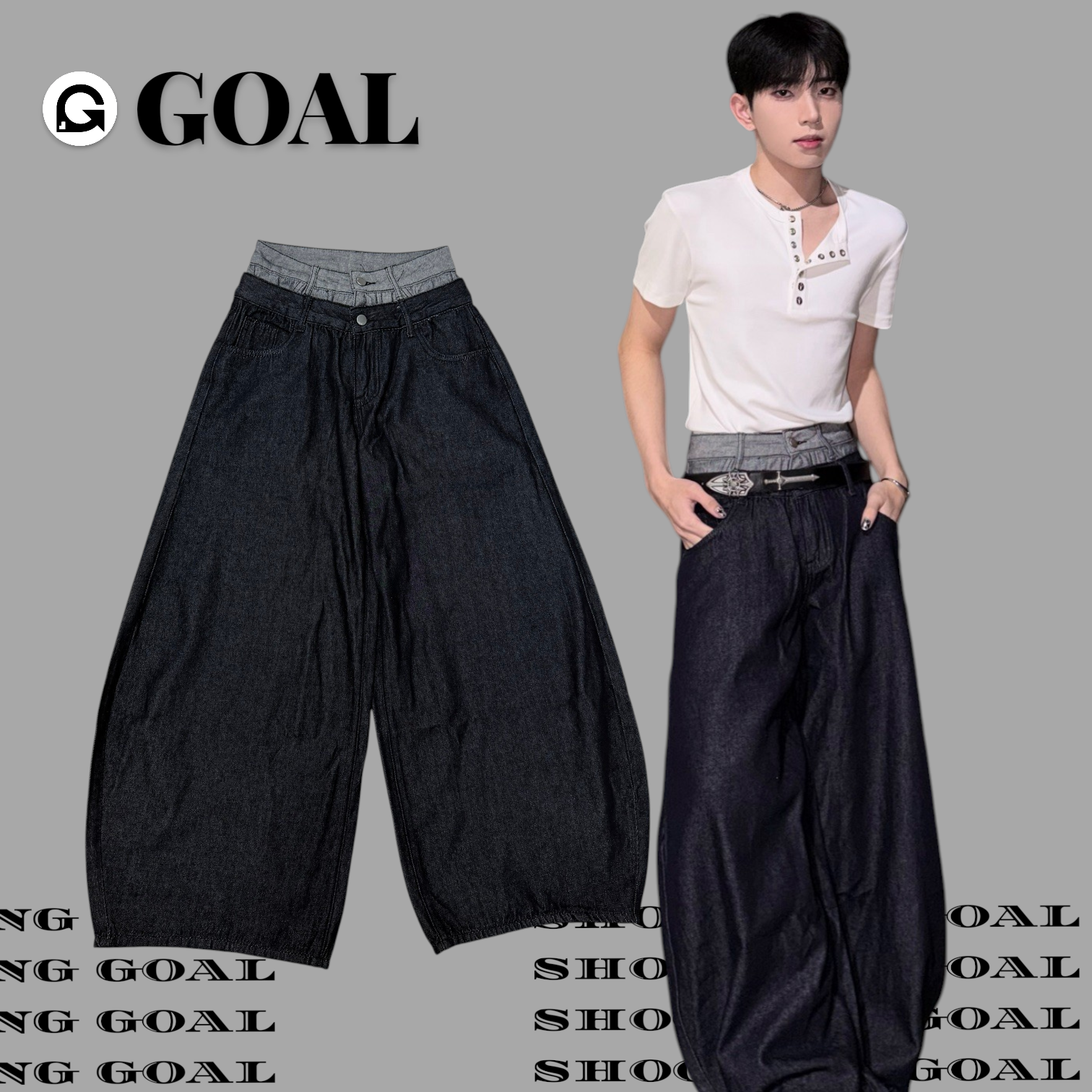 (GOAL) 拼接丹寧落地寬褲 DT 118
