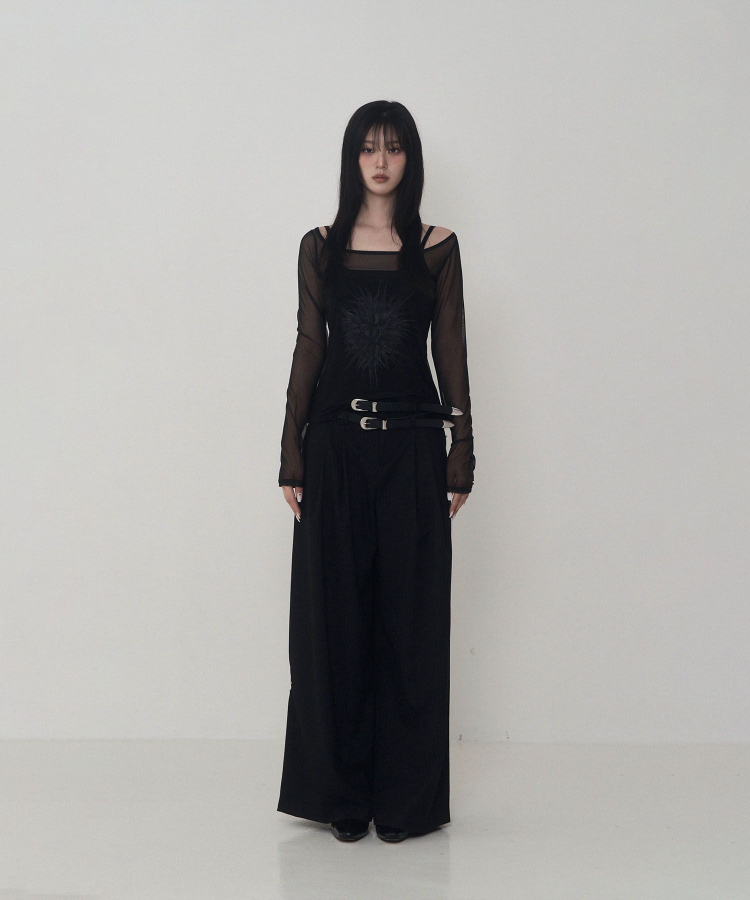 ETRE AU SOMMET 雙褶穿環條紋寬版西裝褲 (黑色) ET25SSPSP01BK