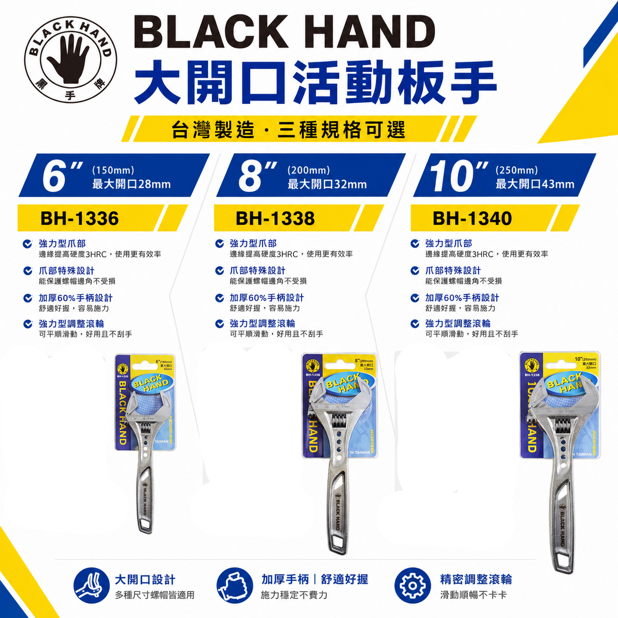 黑手牌｜6" 8" 10" 輕量大開口活動板手 鷹爪型活動扳手 ｜BH-1336 1338 1340｜台灣製