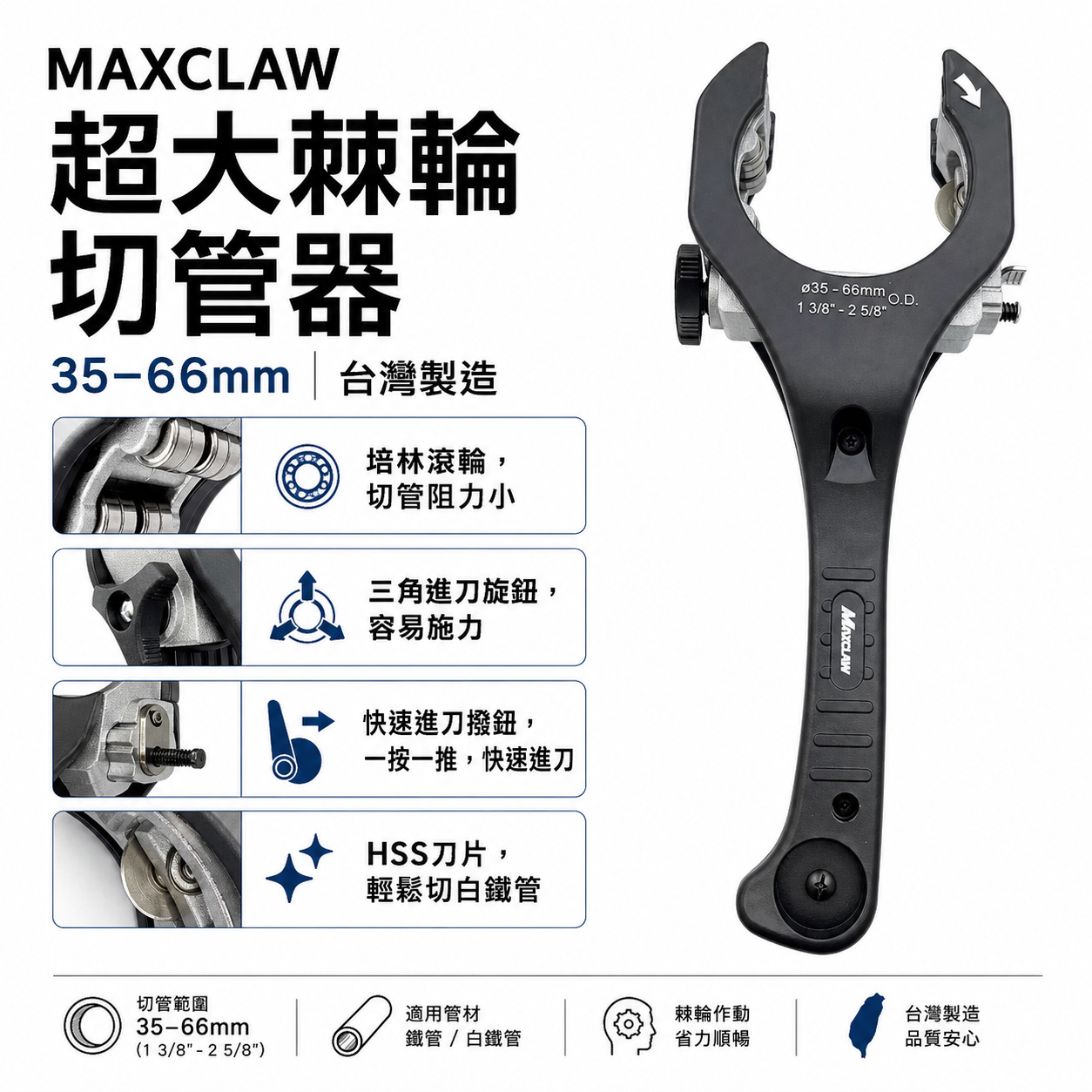 Maxclaw 範圍35-66mm｜超大排氣管棘輪切管器 白鐵裁管刀 切鐵管 白鐵管 銅鋁管 PVC管用｜RC-3566