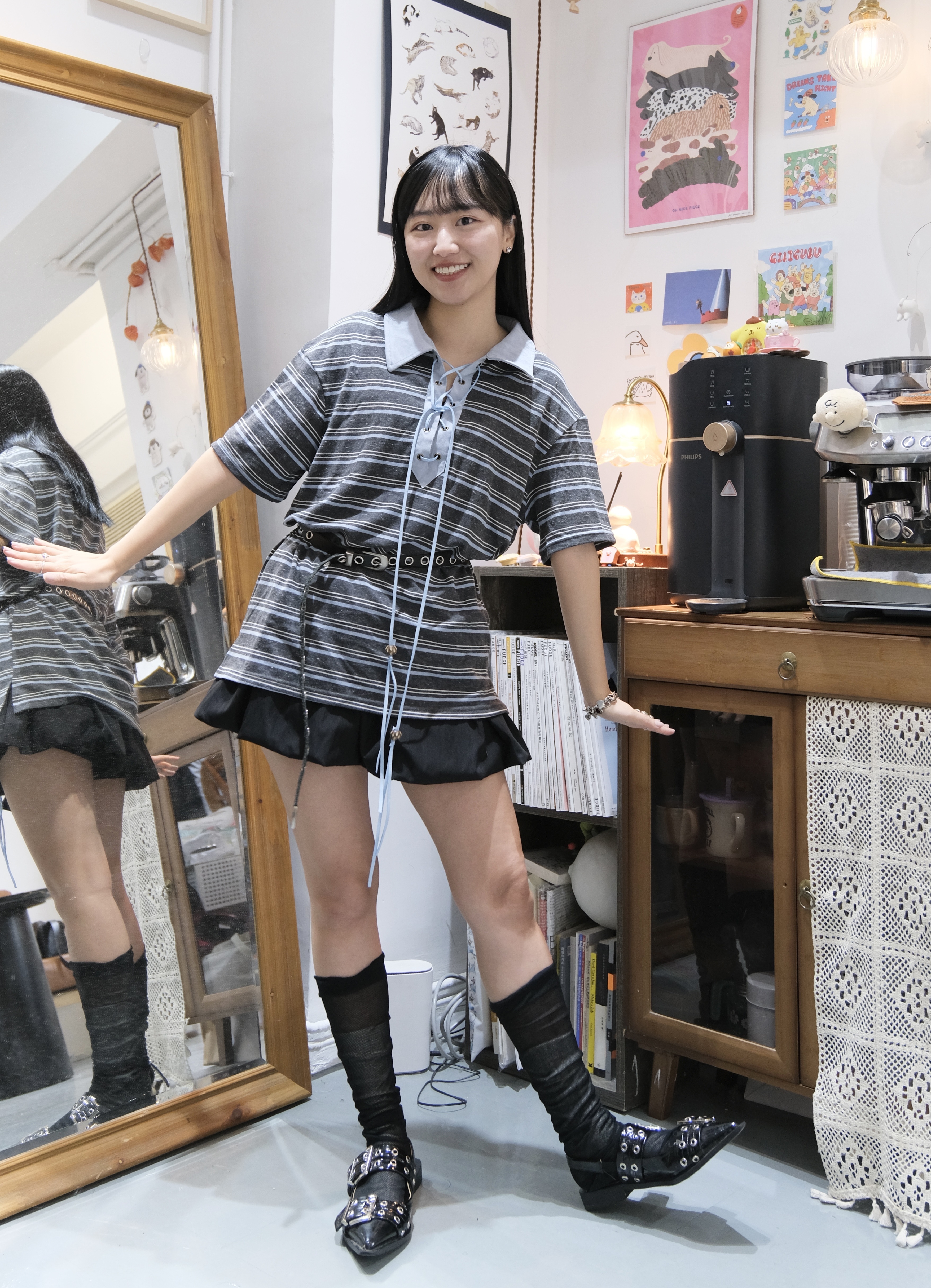 交差間條Polo top (Grey)
