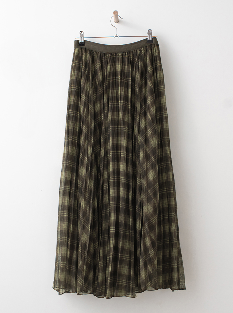 透視格紋雙層百褶網紗長裙