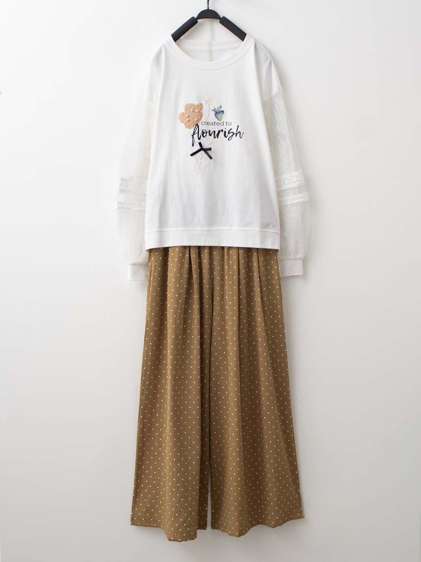 蕾絲拼接上衣棉麻感點點九分寬褲組合