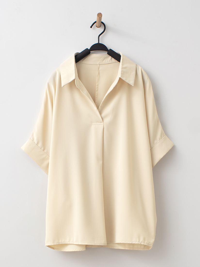 日系簡約自然系開襟打褶連袖上衣