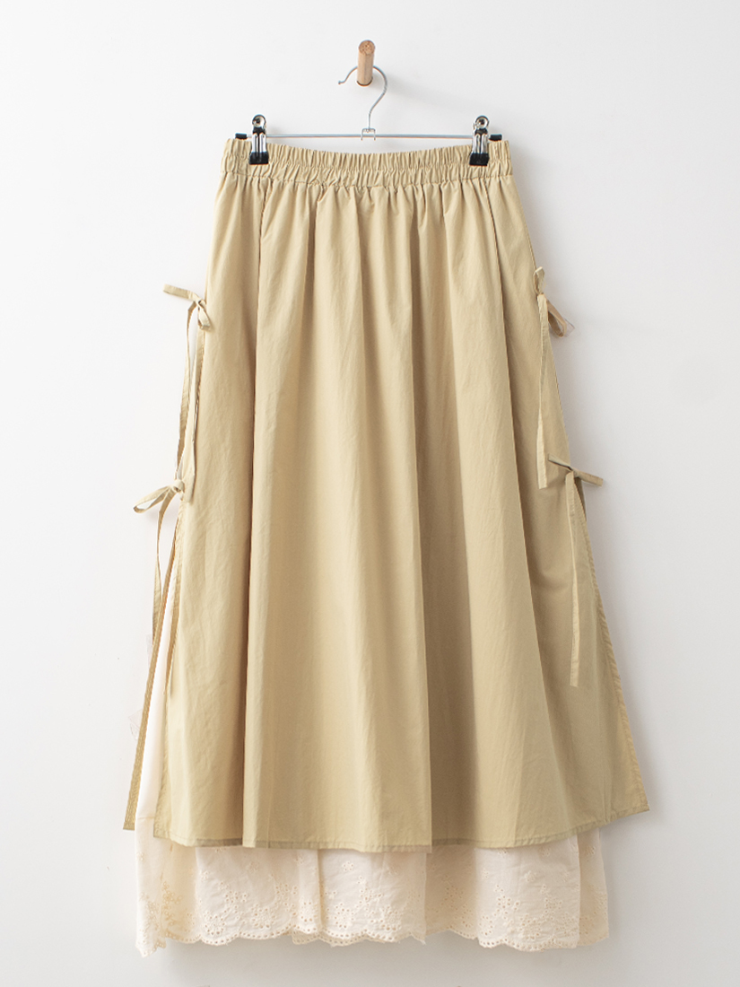 日系輕甜蕾絲下擺側綁帶層次長裙
