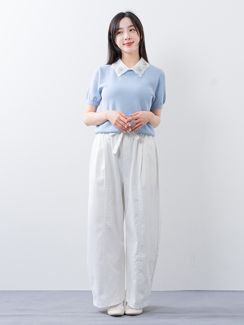 蕾絲領片針織上衣壓線繭型修身寬褲組合