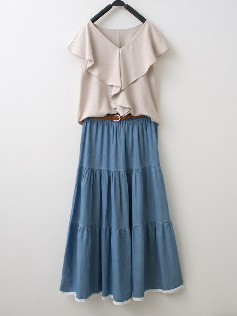 荷葉邊質感襯衫蕾絲水洗牛仔蛋糕裙組合