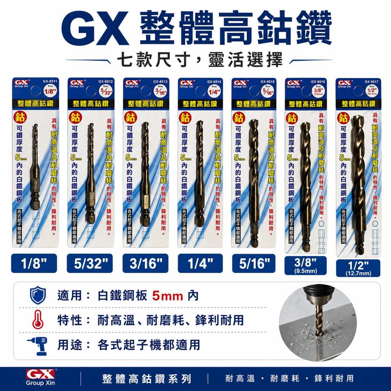 GX 台灣製｜零售1/8"-1/2"｜M2一體成型六角柄鑽頭｜白鐵金屬木材塑膠用六角高鈷鑽尾｜可鑽5mm內