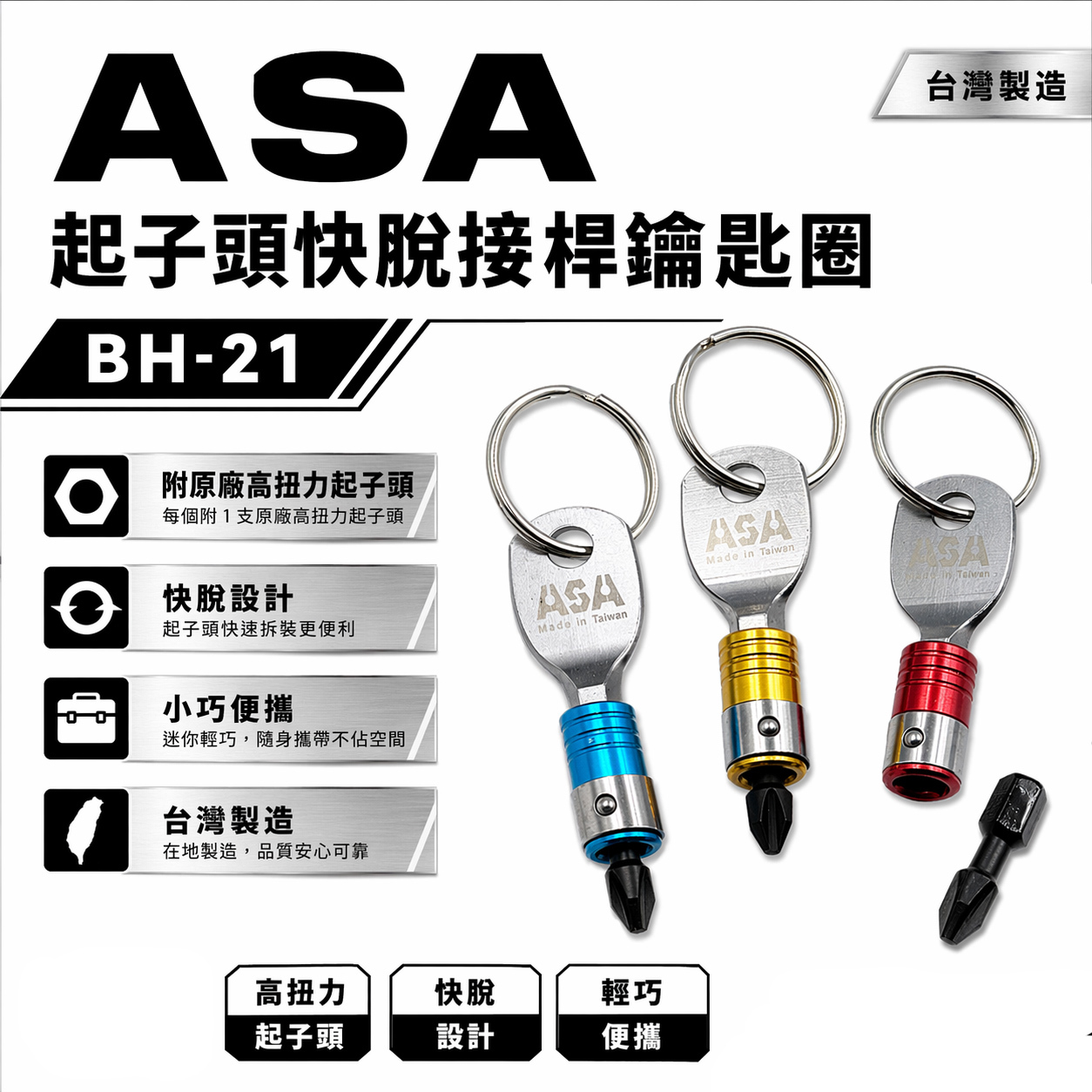 ASA｜BH-21｜單個｜起子頭用快脫接桿鑰匙圈 批頭六角軸快扣 六角軸工具配件扣 起子頭收納鑰匙圈｜台灣製