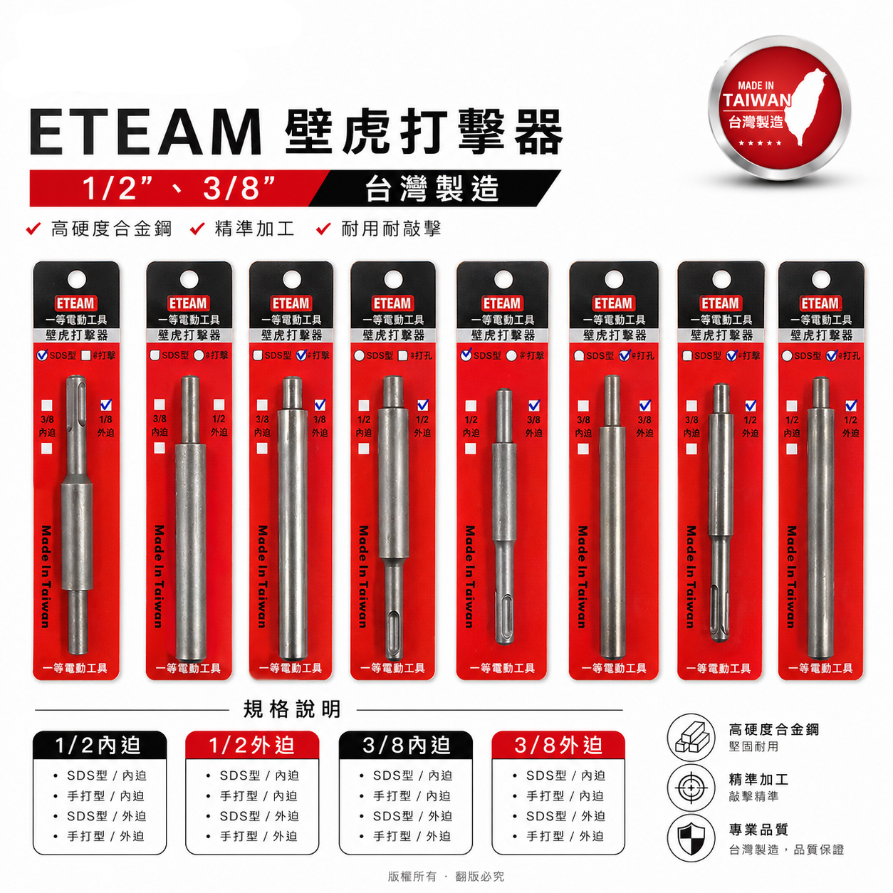 ETEAM 一等 台灣製｜3/8" 1/2" 外迫/內迫 3分4分手打型/SDS型 內牙壁虎打擊器 敲擊器
