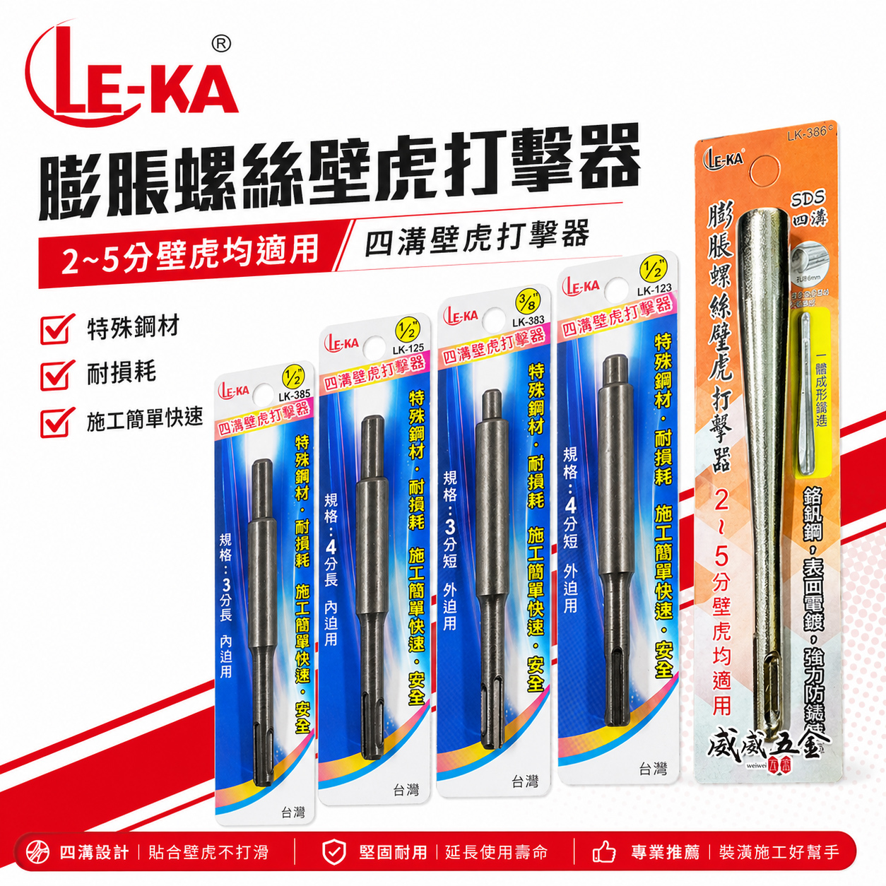 LE-KA｜四溝壁釘打擊器 四溝內牙壁虎打擊器｜四分 1/2" 三分 3/8"｜外迫 內迫｜四溝柄膨脹螺絲用【威威五金】