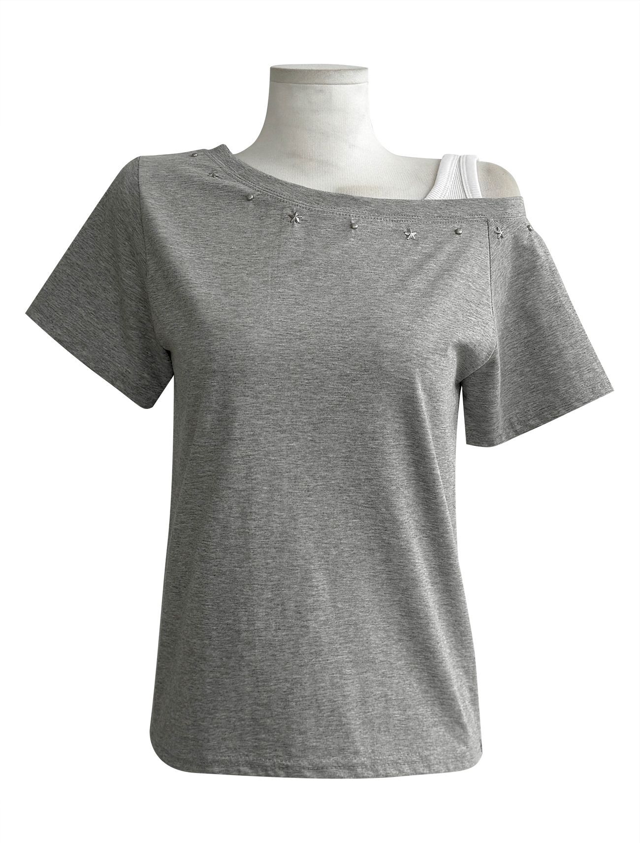 LOOXP 鉚釘一字領寬鬆短袖T恤 灰色 9857-2