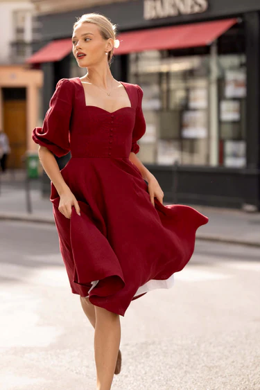 1GL0426-047 [GAALA] Bardetta Linen Dress Bordeaux (EU)