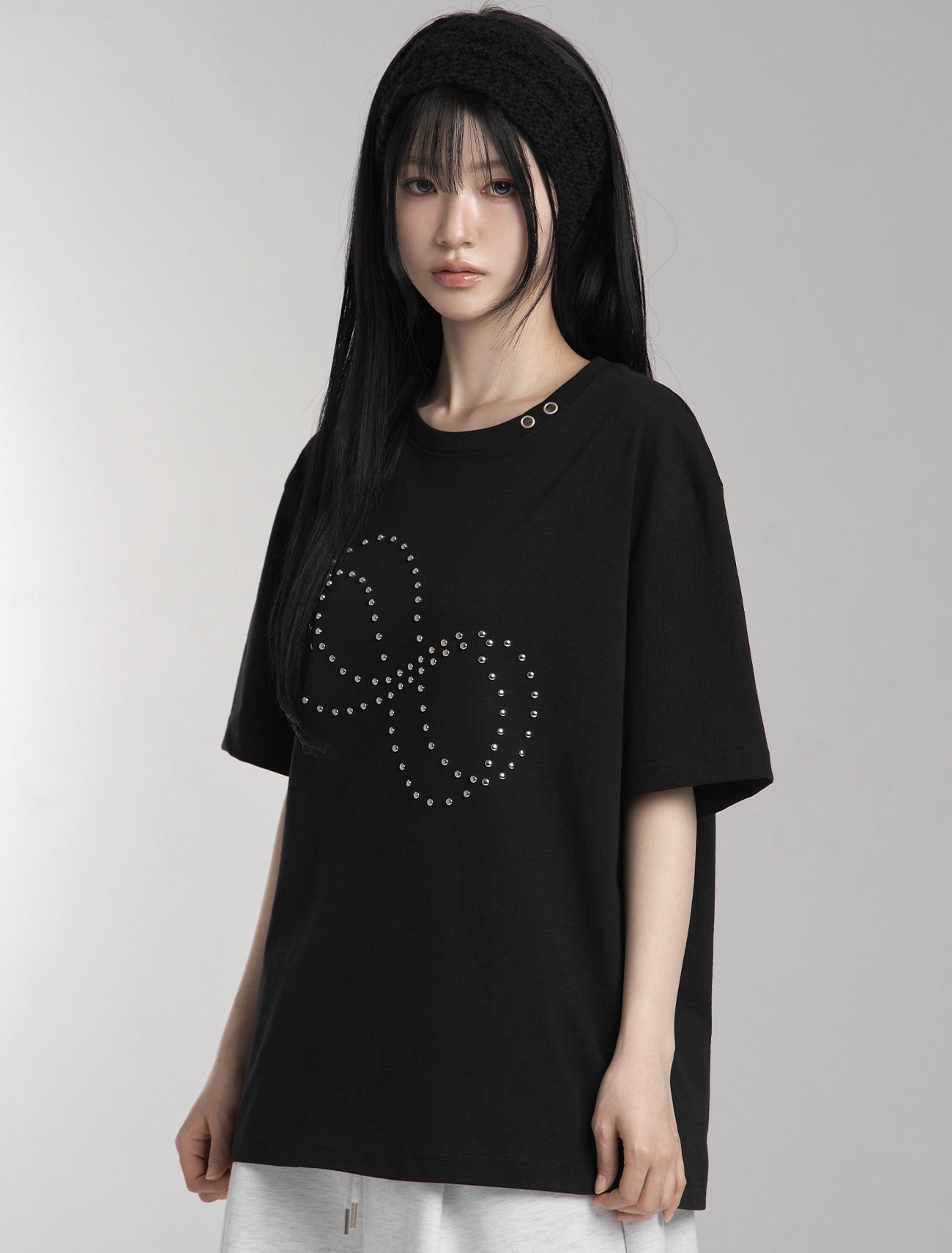 LOOXP 鉚釘孔眼寬版短袖T恤 黑色 9886-3