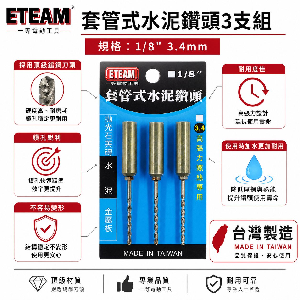ETEAM 一等 台灣製｜1/8"  3.2mm 套管式水泥鑽頭3支組｜鑽兼鎖 鎖牙水泥鑽頭+套管組 拋光石英磚金屬用鑽尾