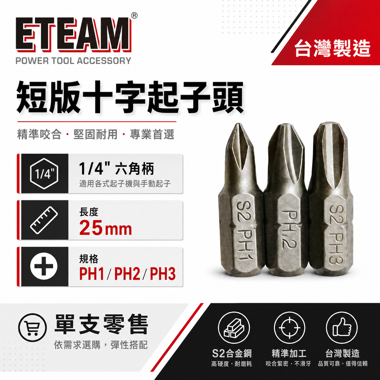 十字型起子頭 PH1 PH2 PH3 長 25mm 十字起子頭 十字 批頭 BIT｜ETEAM 一等｜台灣製
