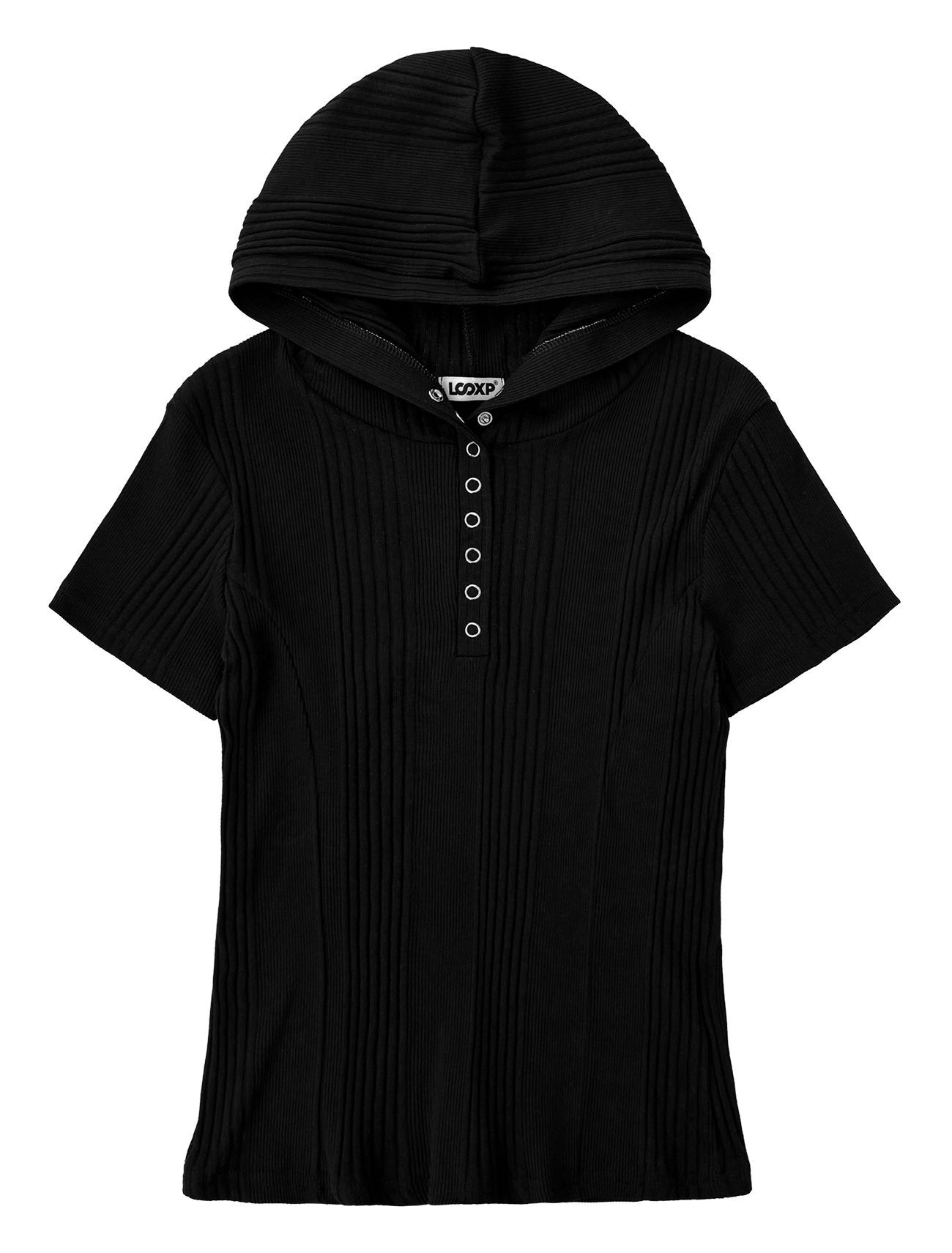 LOOXP 扣環連帽短袖T恤 黑色 9858-3
