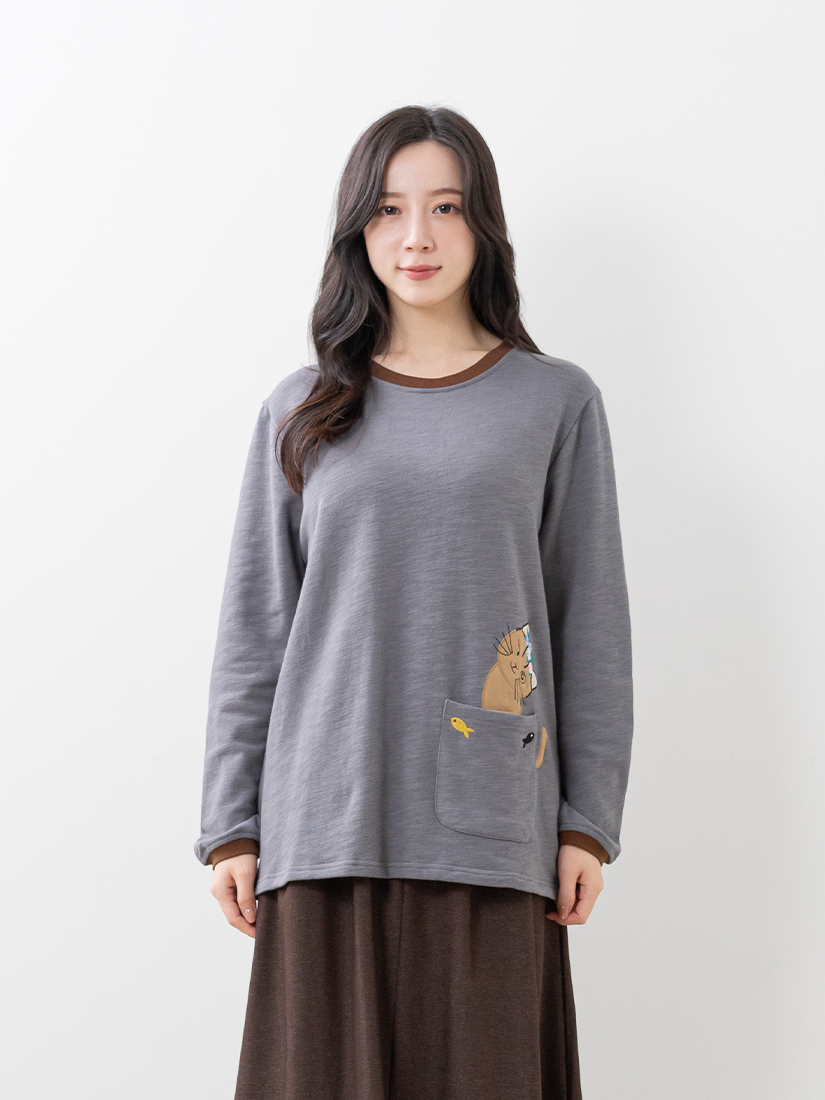 氣質貓咪小魚繡花口袋毛圈布上衣