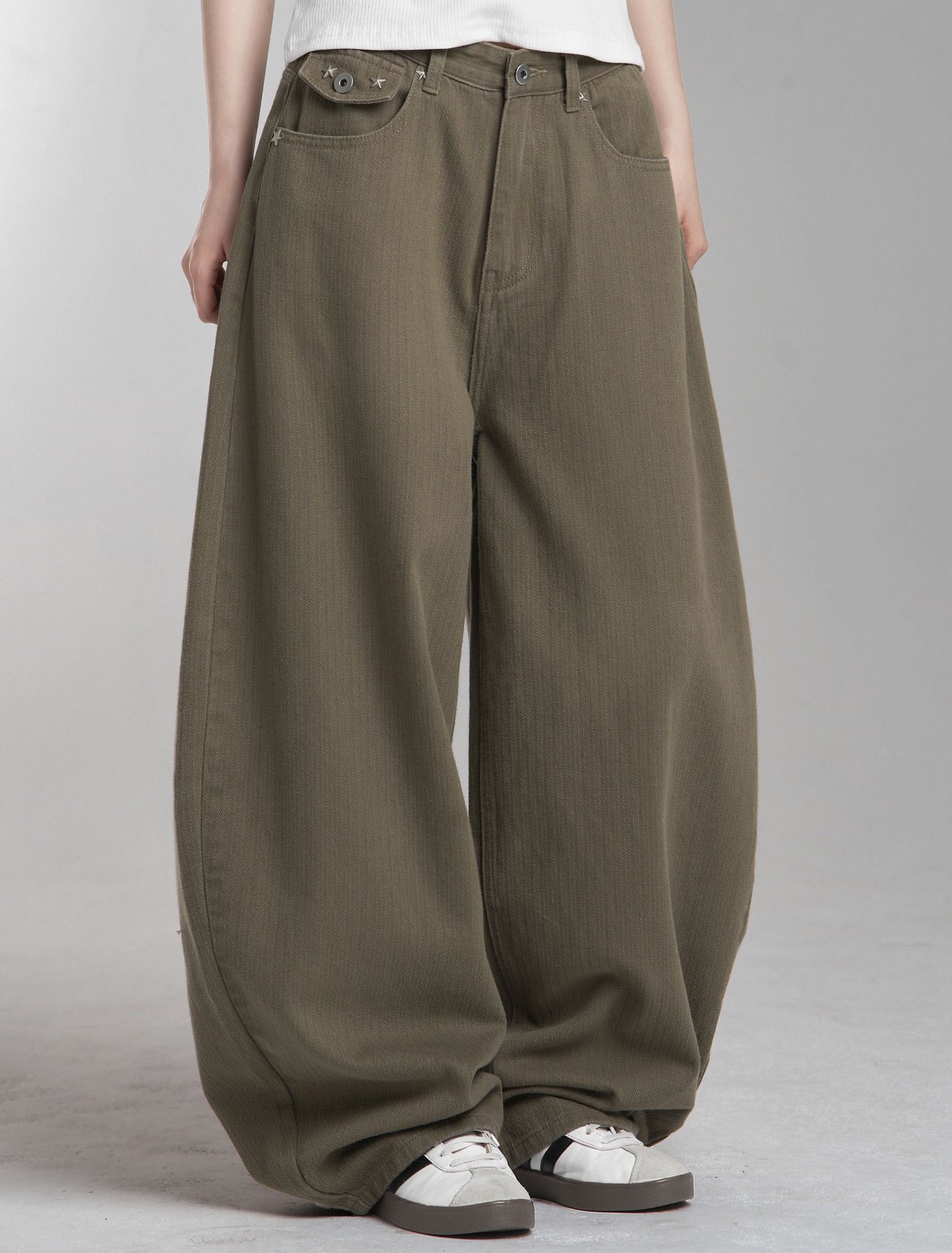 LOOXP 鉚釘後口袋棉質氣球長褲 棕色 9870-1