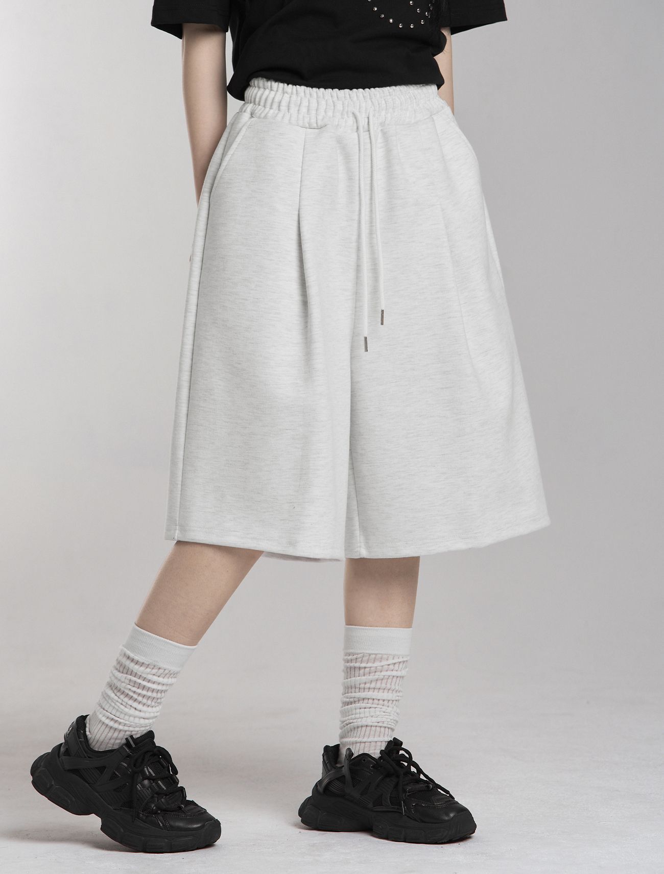 LOOXP 打褶鬆緊腰百慕達褲 白麻花 9885-1