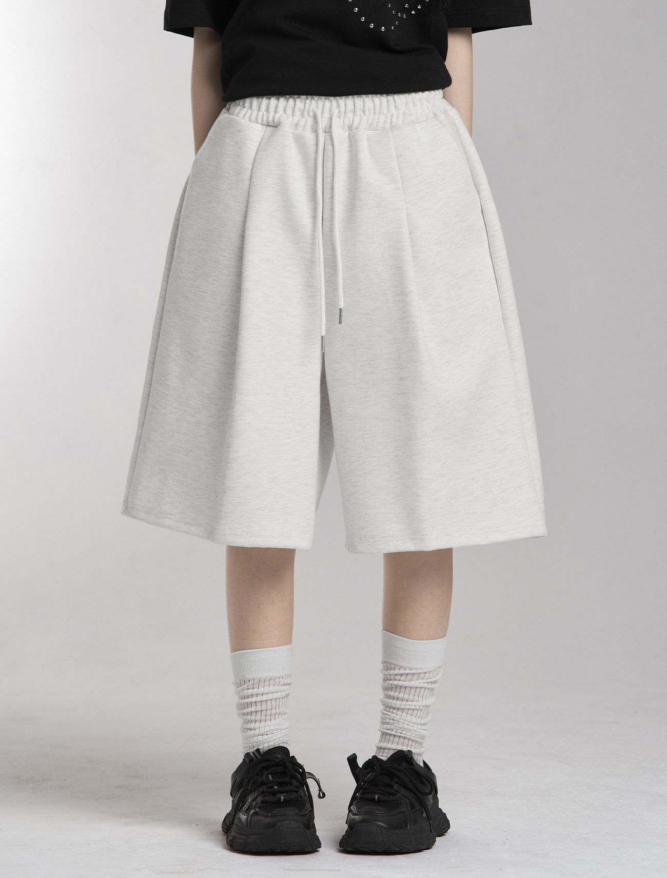 LOOXP 打褶鬆緊腰百慕達褲 白麻花 9885-1