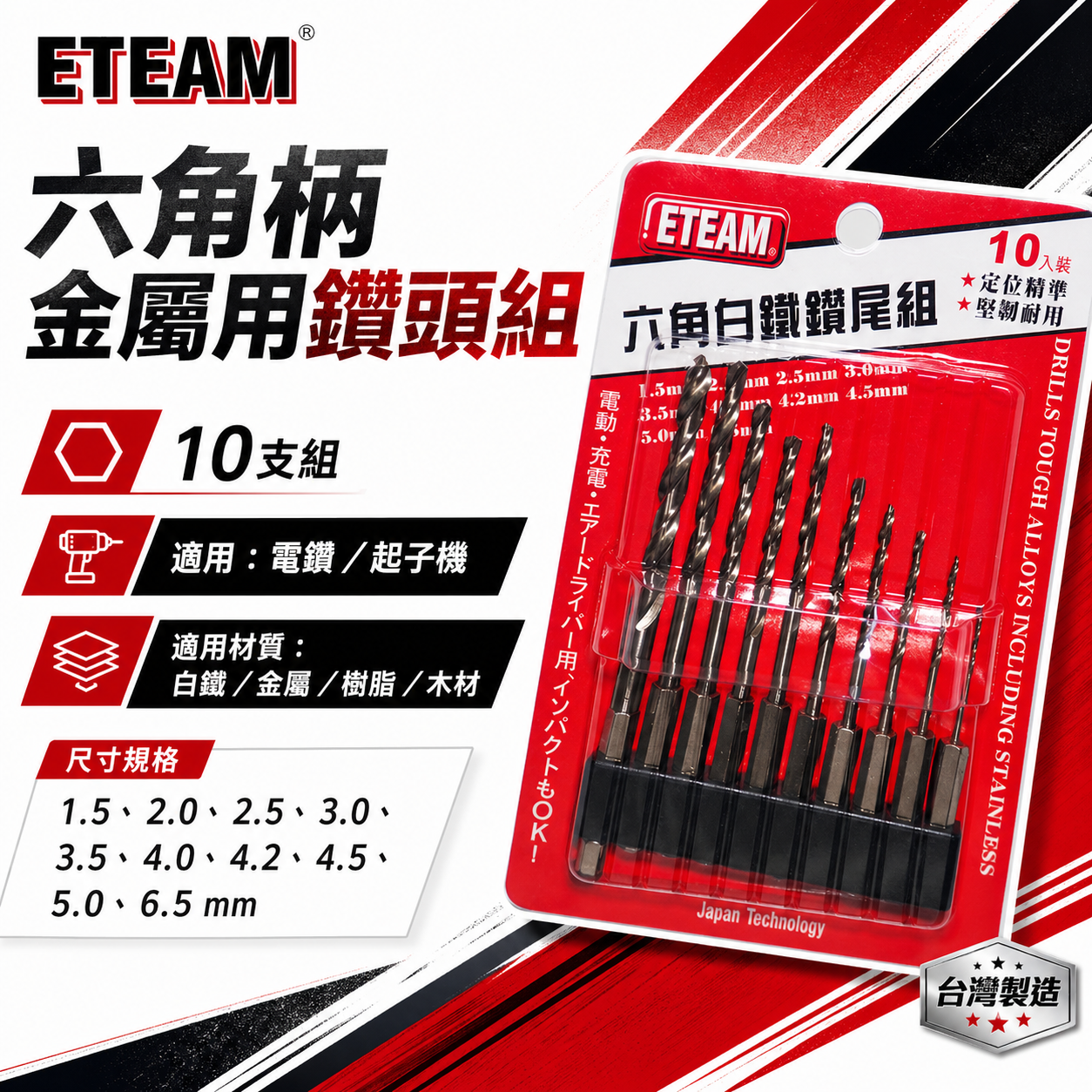 ETEAM 一等｜1.5-6.5mm 六角柄白鐵用鑽頭 10支組｜六角軸金屬用鑽尾 木工 鐵工用鑽尾 經濟型