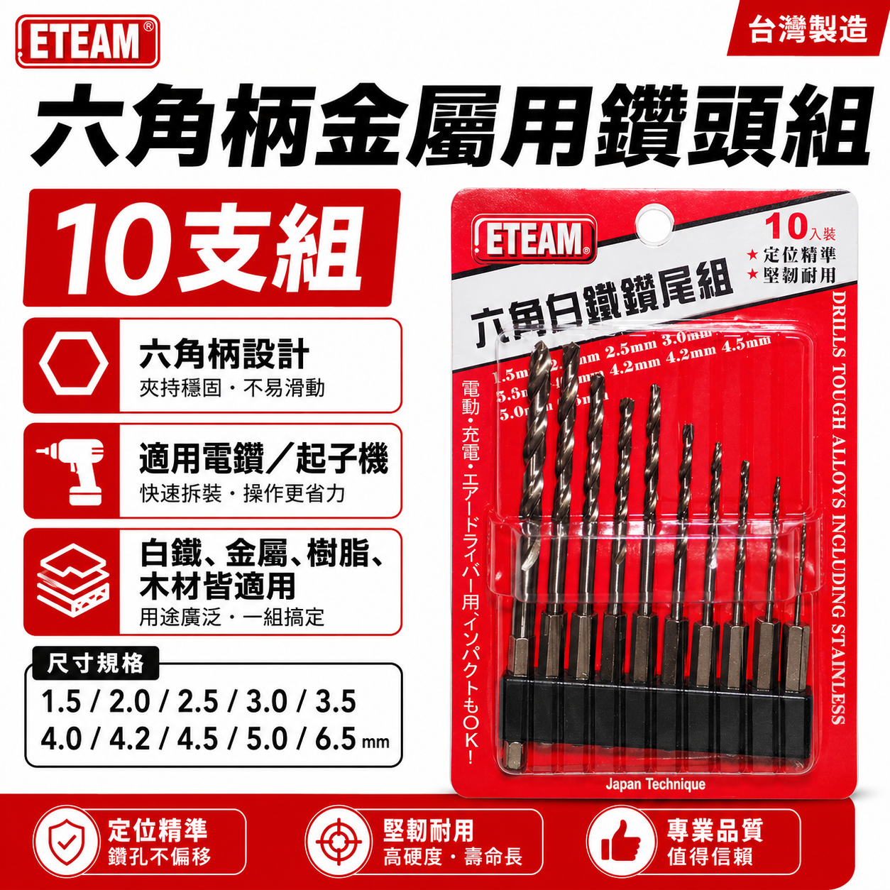 ETEAM 一等｜1.5-6.5mm 六角柄白鐵用鑽頭 10支組｜六角軸金屬用鑽尾 木工 鐵工用鑽尾 經濟型