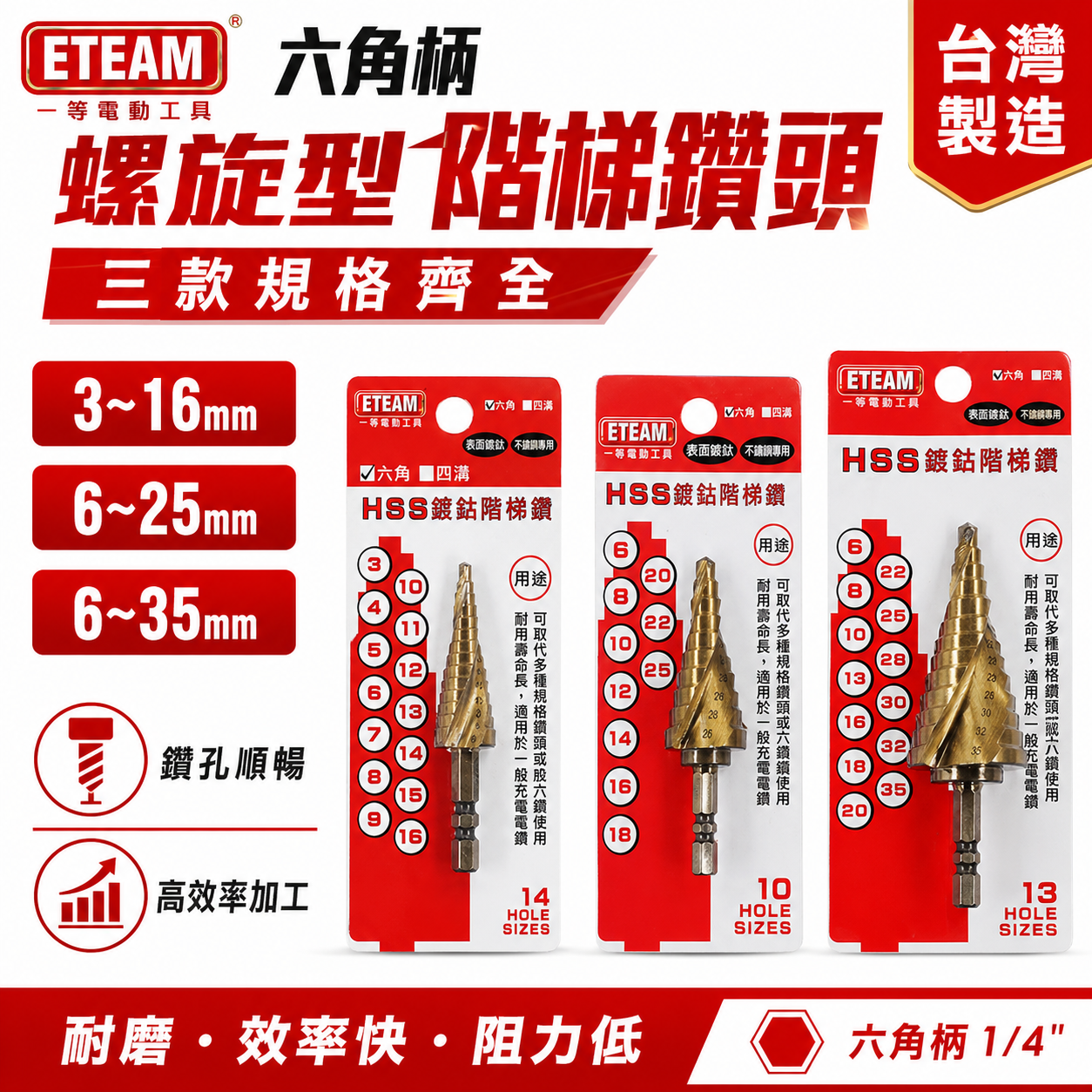 台灣製 ETEAM 一等｜六角軸鍍鈷螺旋階梯鑽｜零售-3支組｜HSS 六角柄螺旋型階梯鑽尾 薄白鐵用階梯鑽頭