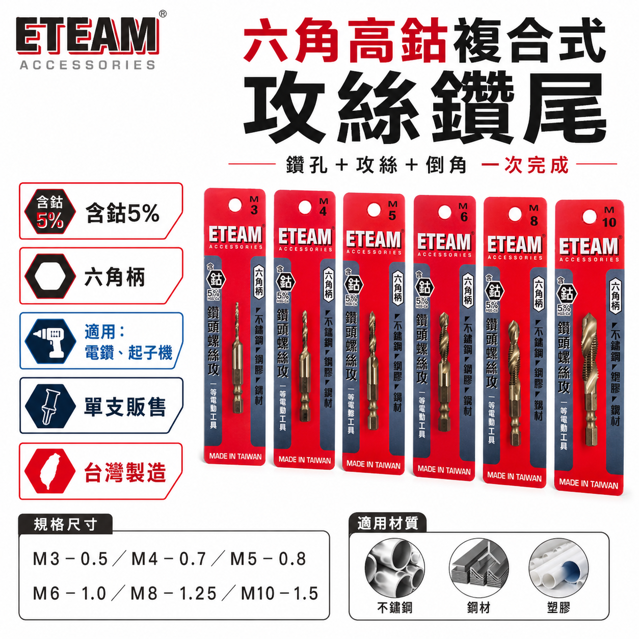 ETEAM 一等｜M35高鈷｜M3-M10｜六角柄高鈷絲攻鑽尾 攻牙鑽頭 TAP 六角軸複合絲攻 絲攻鑽頭