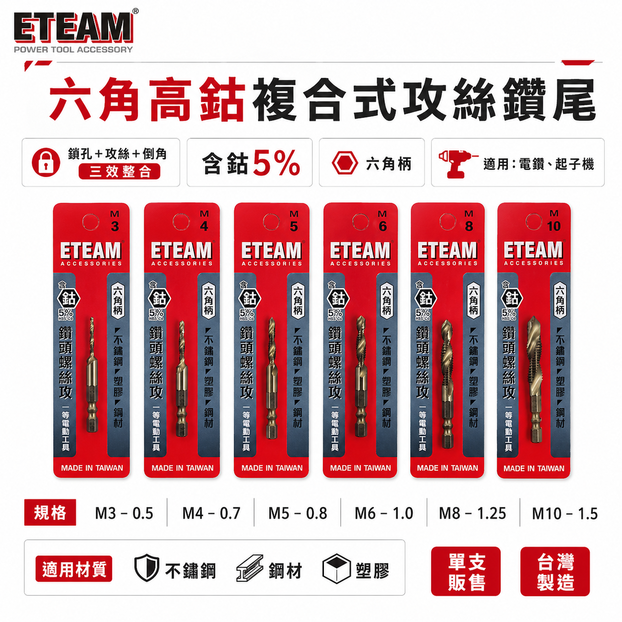 ETEAM 一等｜M35高鈷｜M3-M10｜六角柄高鈷絲攻鑽尾 攻牙鑽頭 TAP 六角軸複合絲攻 絲攻鑽頭