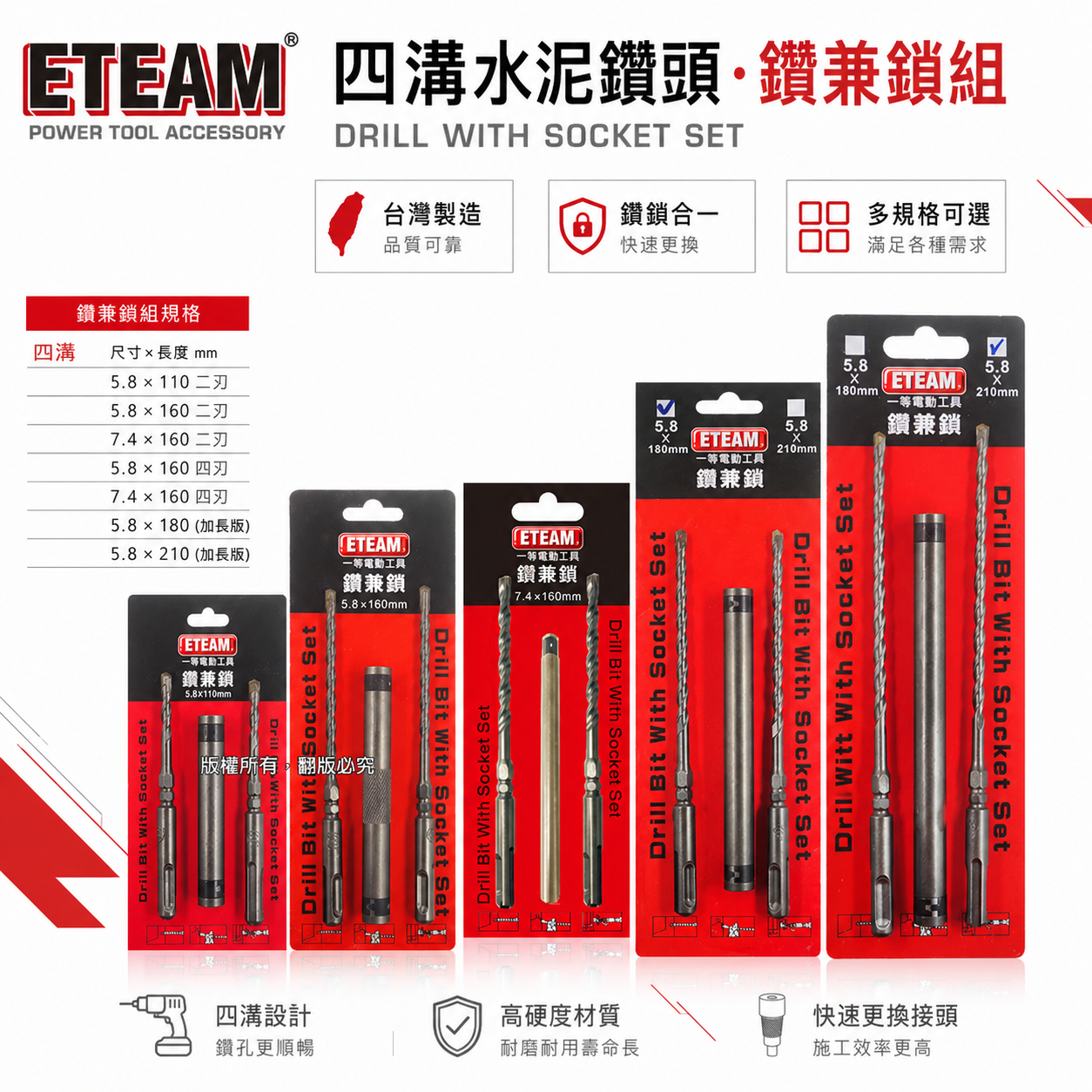 ETEAM / SONA隨機出 一等 台灣製 四溝水泥鑽頭 四溝鑽掛鎖鑽尾 5.8mm 7.4mm 長 110 160 180 210mm｜鑽兼鎖｜四溝二刃水泥鑽頭 (紅色/黃色包裝整組)