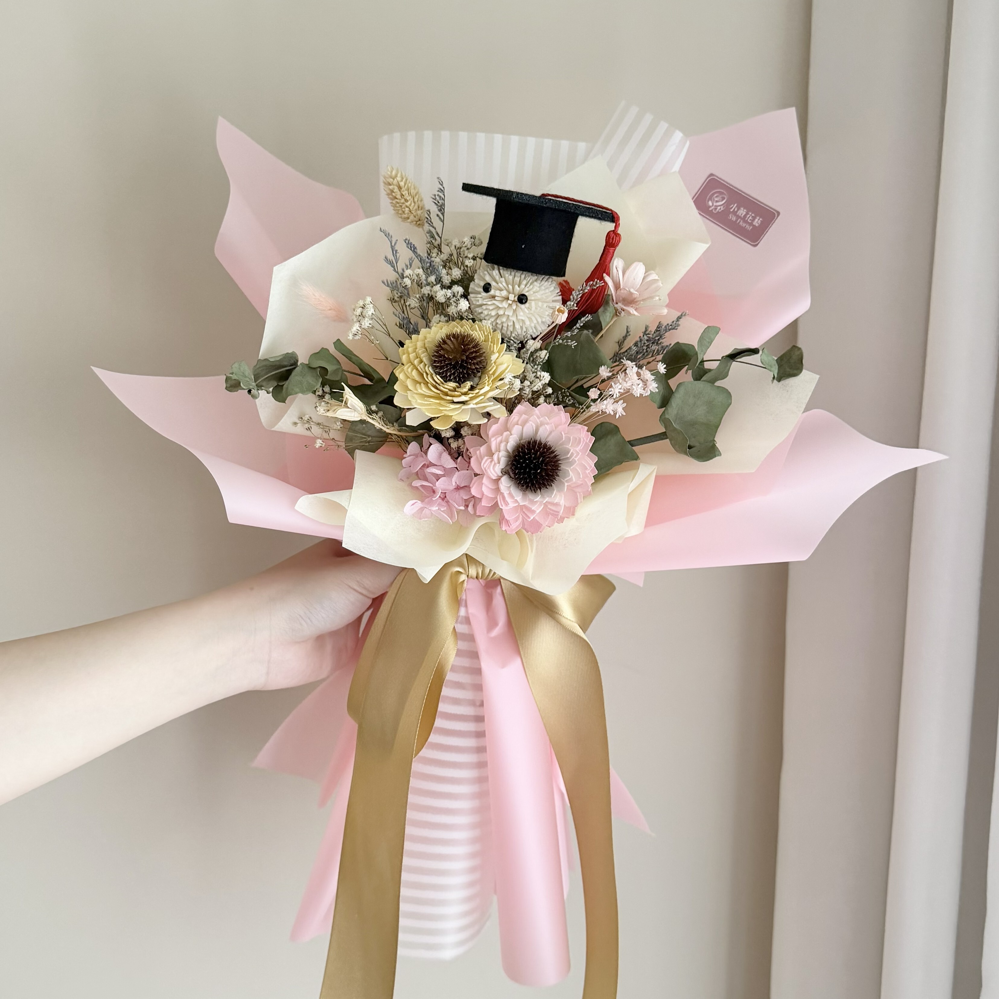 乾燥花束(粉色系/中型)【畢業小精靈】｜畢業花束、索拉向日葵